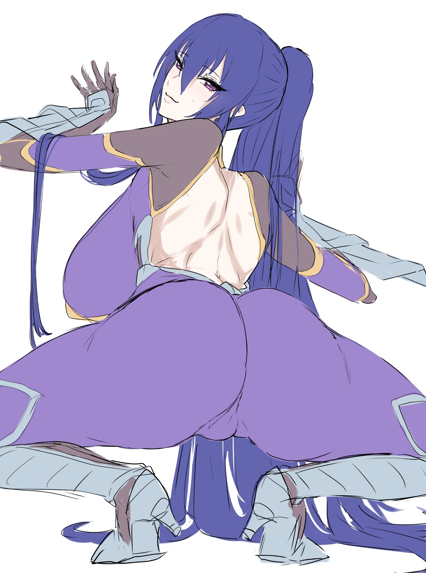 mogi yasunobu, akiyama rinko, taimanin (series), taimanin yukikaze, commentary request, highres, 1girl, armored boots, ass, back, back cutout, backboob, blue hair, bodysuit, boots, breasts, closed mouth, clothing cutout, eyelashes, from behind, gauntlets, hair between eyes, high ponytail, large breasts, light blush, lips, long hair, looking at viewer, looking back, pink lips, ponytail, purple bodysuit, purple eyes, sagging breasts, sketch, solo, squatting, sweatdrop, taimanin suit, very long hair, white background