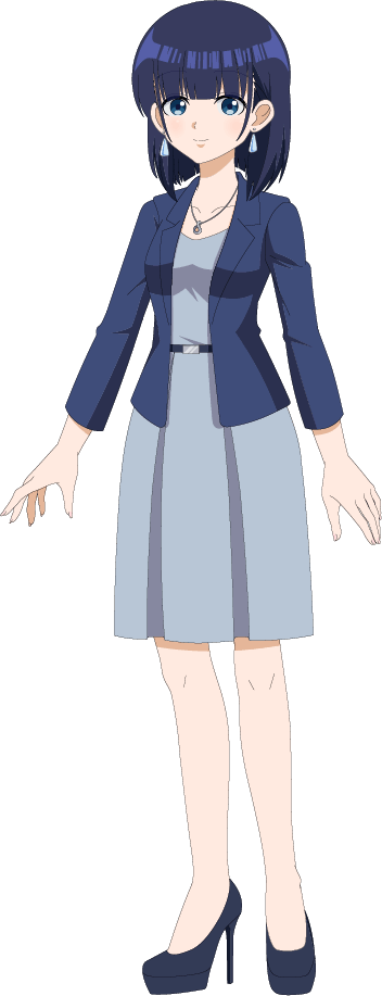 snack basue, official art, 1girl, amano kosame, anime coloring, belt, black belt, blue eyes, blue jacket, blue shoes, blunt bangs, blush, breasts, closed mouth, collarbone, dress, earrings, full body, grey dress, high heels, jacket, jewelry, looking at viewer, medium hair, open clothes, open hands, open jacket, shirt, shoes, simple background, smile, solo, standing, tareme, toyama., transparent background