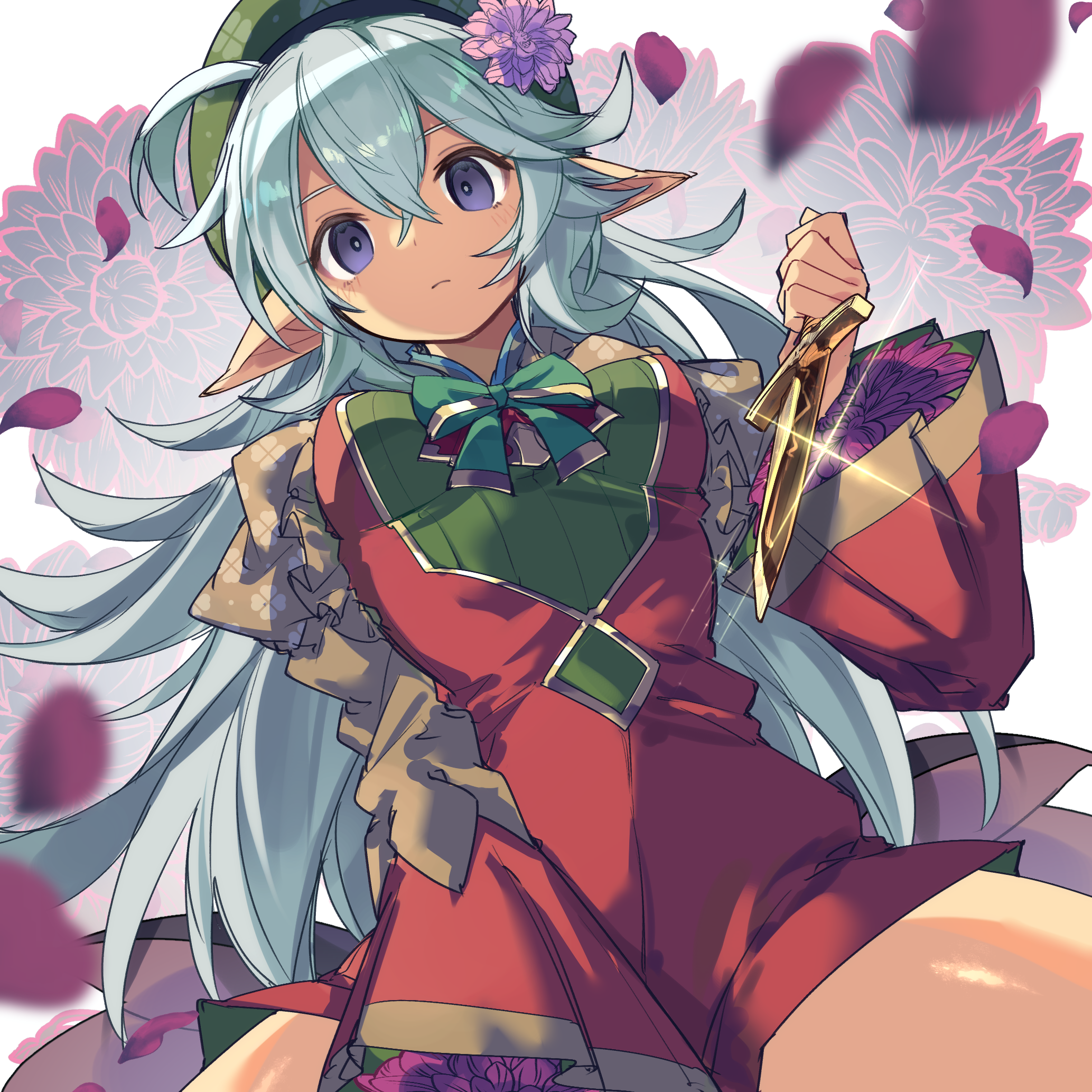 kuuron (moesann17), puzzle & dragons, highres, 1girl, beret, blue hair, bow, bowtie, dagger, floral background, flower, frilled sleeves, frills, from below, full body, green bow, green bowtie, green hat, hat, hat flower, holding, holding dagger, holding knife, holding weapon, jacket, jewelry, knife, long hair, looking at viewer, looking down, phyllis (p&d), pointy ears, purple eyes, solo, weapon, white jacket