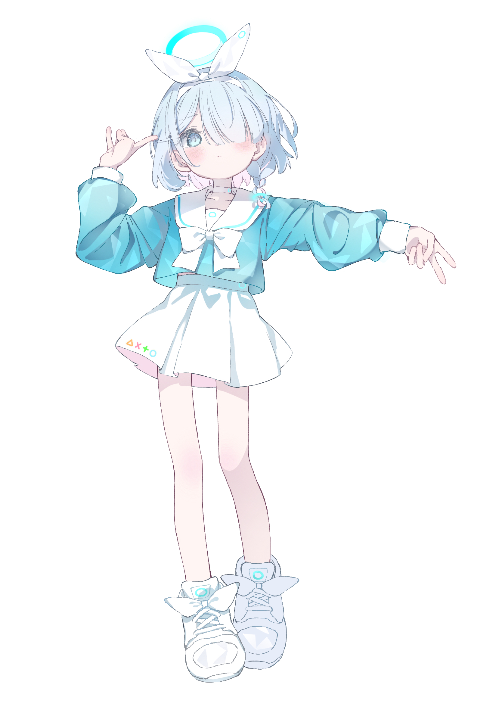 cram960, arona (blue archive), blue archive, highres, 1girl, blue eyes, blue hair, blue halo, blue shirt, blush, bow, bowtie, braid, choker, closed mouth, collarbone, colored inner hair, contrapposto, cropped shirt, full body, hair bow, hair over one eye, hairband, halo, hand up, long sleeves, looking at viewer, midriff peek, multicolored hair, no socks, one eye covered, outstretched arm, pink hair, pleated skirt, puffy long sleeves, puffy sleeves, sailor collar, school uniform, serafuku, shirt, shoes, short hair, simple background, single braid, skirt, sneakers, solo, standing, two-tone hair, v, white background, white bow, white choker, white hairband, white sailor collar, white shoes, white skirt