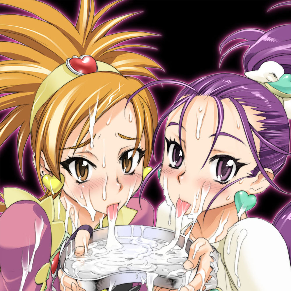 satou shouji, cure bloom, cure egret, hyuuga saki, mishou mai, futari wa precure splash star, precure, 00s, 2girls, basin, blonde hair, blush, bowl, bukkake, cum, cum in container, cum in mouth, cum on body, cum on tongue, cum pool, cum string, eyelashes, facial, gokkun, hair held back, holding, holding bowl, magical girl, multiple girls, plate, purple hair, ribbon, tongue, tray