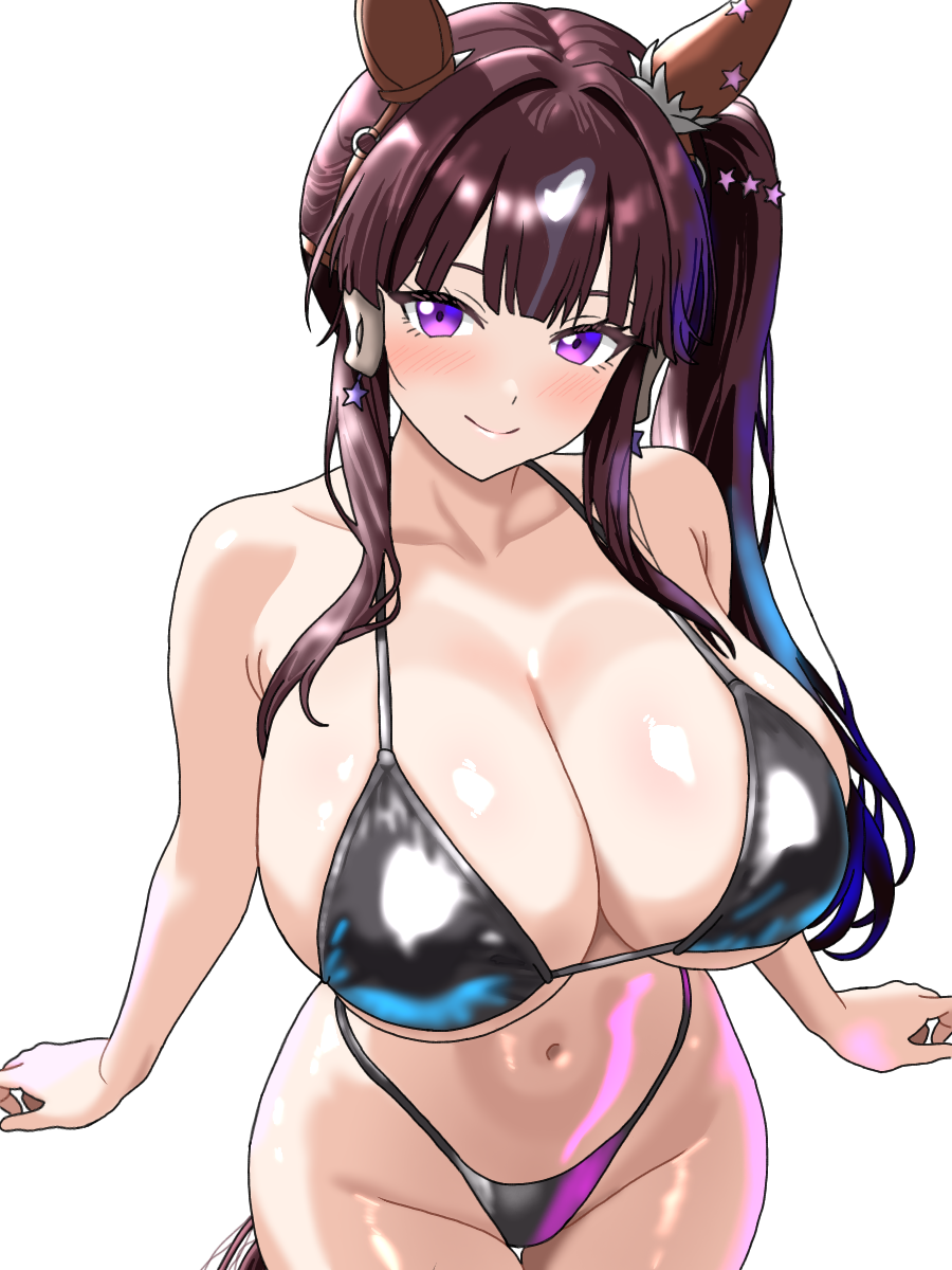 haiwo, lucky lilac (umamusume), umamusume, commentary request, highres, 1girl, against railing, alternate costume, animal ears, bikini, black bikini, breasts, brown hair, cowboy shot, ear covers, ear ornament, horse ears, horse girl, horse tail, large breasts, long hair, multicolored hair, navel, purple eyes, railing, simple background, smile, solo, stomach, streaked hair, swimsuit, tail, tracen swimsuit, very long hair, white background, white hair