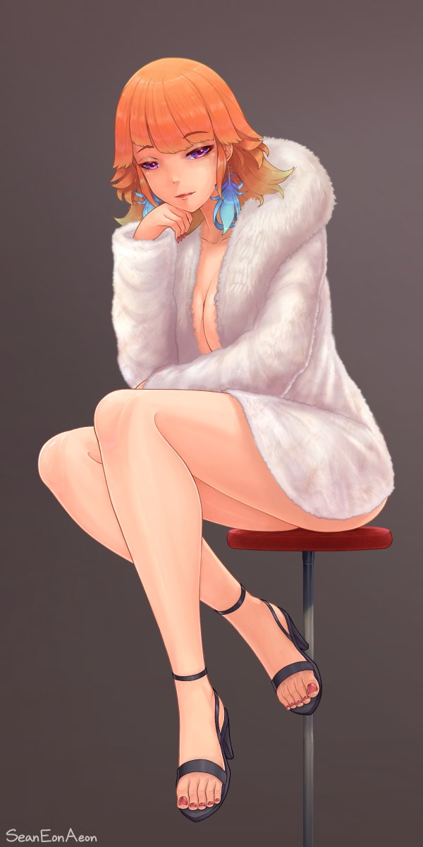 eon sean, takanashi kiara, hololive, hololive english, highres, 1girl, artist name, black sandals, breasts, cleavage, closed mouth, earrings, eyelashes, feather earrings, feathers, feet, fur-trimmed jacket, fur jacket, fur trim, grey background, hand up, high heel sandals, jacket, jewelry, knees together feet apart, large breasts, legs, looking at viewer, nail polish, open clothes, open jacket, orange hair, purple eyes, red lips, red nails, sandals, simple background, sitting, solo, strappy heels, toenail polish, toenails, toes, white jacket