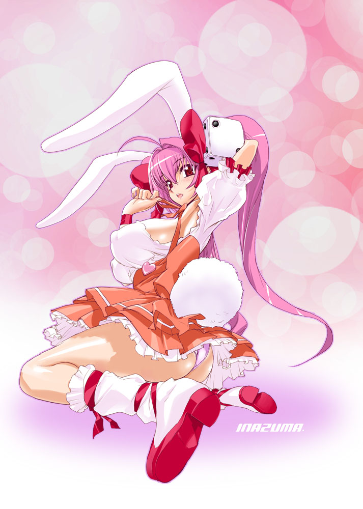 satou shouji, usada hikaru, di gi charat, 1girl, animal ears, breasts, covered erect nipples, female focus, huge breasts, large breasts, panties, pink hair, rabbit, rabbit ears, solo, underwear