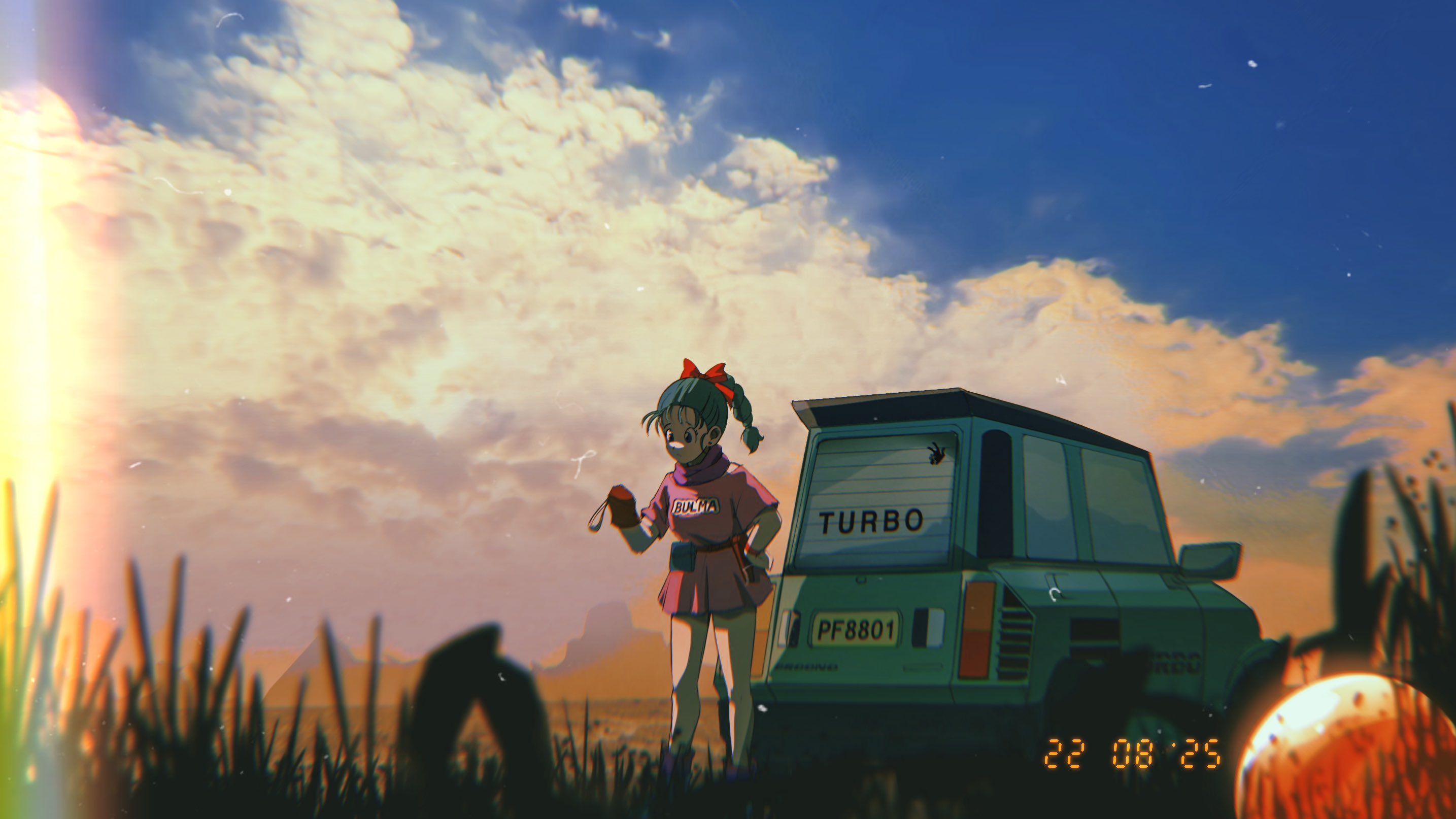broonoart, bulma, dragon ball, dragon ball (classic), renault, highres, 1girl, blue eyes, blue hair, brown gloves, car, dragon ball (object), gloves, hand on own hip, high braided ponytail, motor vehicle, outdoors, pink shirt, pink skirt, renault 5 turbo, shirt, skirt, solo, standing, wide shot
