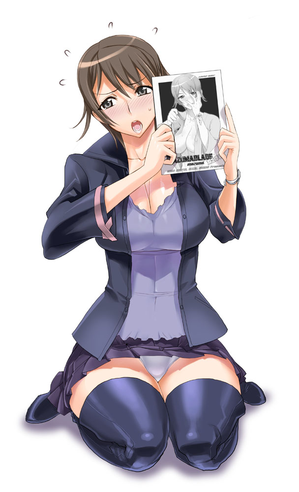 artist request, tagme, 1girl, blush, breasts, female focus, miniskirt, panties, pantyshot, seiza, simple background, sitting, skirt, solo, thighhighs, underwear