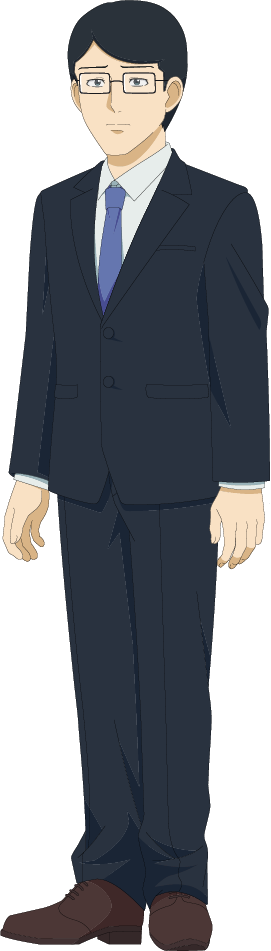 snack basue, official art, 1boy, anime coloring, black hair, black jacket, black pants, black suit, blue eyes, blue necktie, brown shoes, closed mouth, collared shirt, dress shoes, formal clothes, full body, glasses, jacket, long sleeves, looking at viewer, necktie, pants, shirt, shoes, short hair, simple background, smile, solo, standing, suit, suit jacket, toyama., transparent background, white shirt, yamada (snack basue)