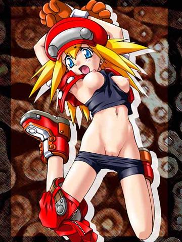roll caskett (mega man), capcom, mega man (series), mega man legends (series), artist request, lowres, 1girl, blonde hair, blue eyes, breasts, female focus, full body, lying, navel, pussy, solo, spandex, uncensored