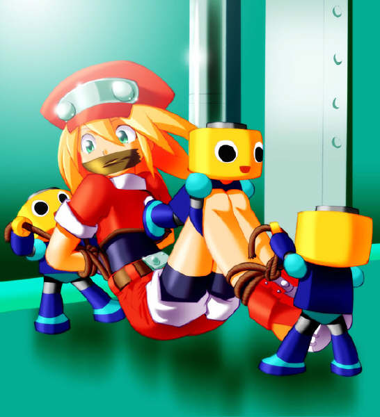 roll caskett (mega man), capcom, mega man (series), mega man legends (series), 1girl, 3others, bdsm, bondage, bound, gag, gagged, improvised gag, multiple others, sitting, spandex, standing, tape, tape gag, you gonna get raped
