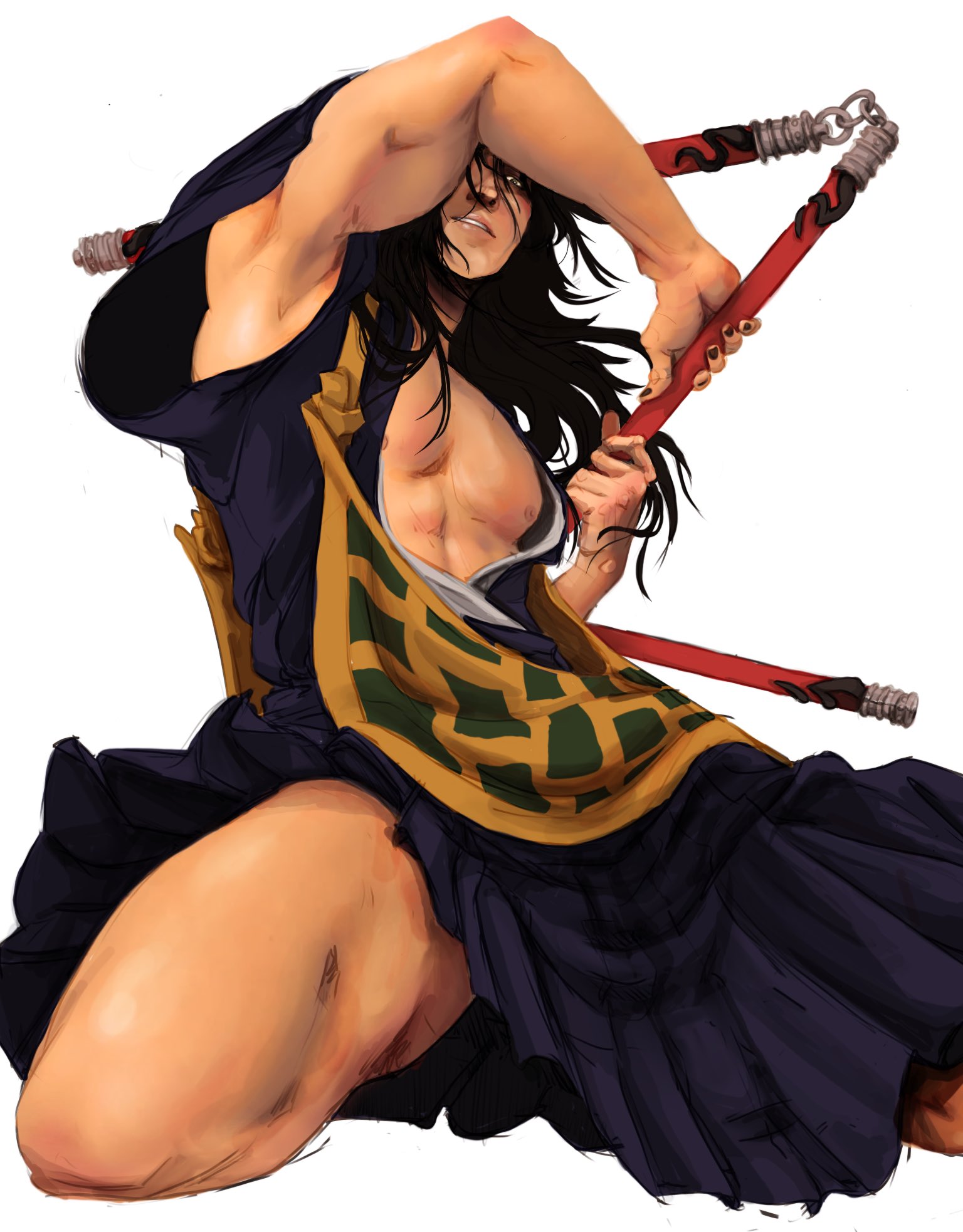 getou suguru, jujutsu kaisen, commentary request, highres, 1boy, alternate hairstyle, arm up, armpits, biceps, black nails, cropped legs, gojoisonline, japanese clothes, male focus, nipples, nunchaku, pectorals, simple background, solo, teeth, thighs, toned, toned male, weapon, white background