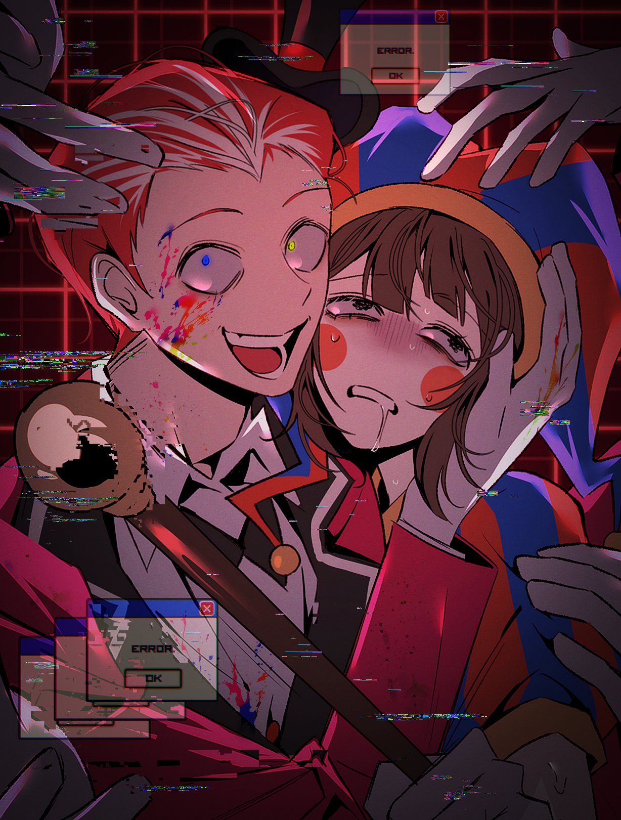 yp katelove, caine (the amazing digital circus), pomni (the amazing digital circus), the amazing digital circus, commentary, commission, english commentary, highres, 1boy, 1girl, black hat, blue eyes, brown hair, cane, circle facial mark, collared shirt, crazy eyes, disembodied hand, glitch, gloves, hand on another's arm, hand on another's head, hat, heterochromia, holding, holding cane, humanization, jacket, jester cap, multicolored hair, paint on clothes, paint splatter, paint splatter on face, puffy short sleeves, puffy sleeves, red hair, red jacket, saliva, shirt, short hair, short sleeves, smile, squiggle eyes, streaked hair, sweat, teeth, top hat, two-tone hat, white gloves, white shirt, window (computing), yellow eyes