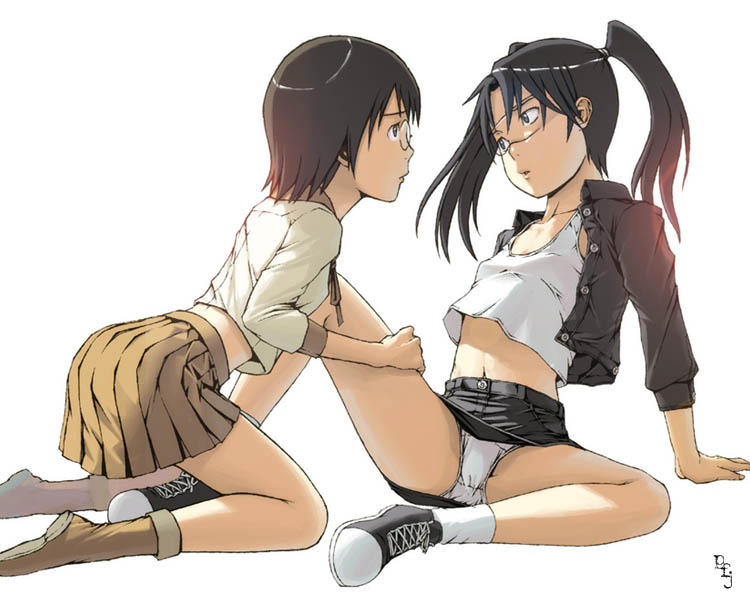 yoneda taishou, amasawa yuuko, okonogi yuuko, dennou coil, 00s, 2girls, brown hair, eye contact, glasses, looking at another, midriff, multiple girls, panties, pantyshot, pencil skirt, short hair, skirt, spread legs, twintails, underwear, yuri, yuuko amasawa, yuuko okonagi