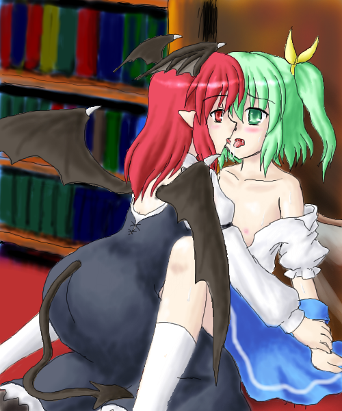 daiyousei, koakuma, embodiment of scarlet devil, touhou, 2girls, after kiss, bare shoulders, blush, book, bookshelf, eye contact, female focus, flat chest, french kiss, green eyes, green hair, holding another's wrist, indoors, kiss, kneeling, long hair, looking at another, multiple girls, nipples, no bra, off shoulder, open clothes, open shirt, pointy ears, ponytail, red eyes, red hair, saliva, saliva trail, shirt, side ponytail, sitting, socks, tail, tongue, wings, yuri