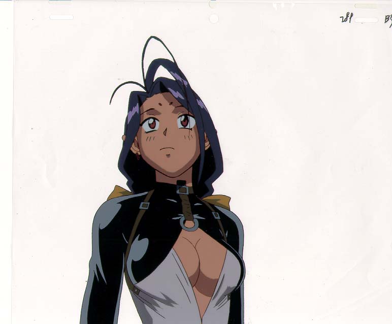 keyne aqua, photon, 1990s (style), breasts, cel, cleavage, long hair, purple hair, red eyes