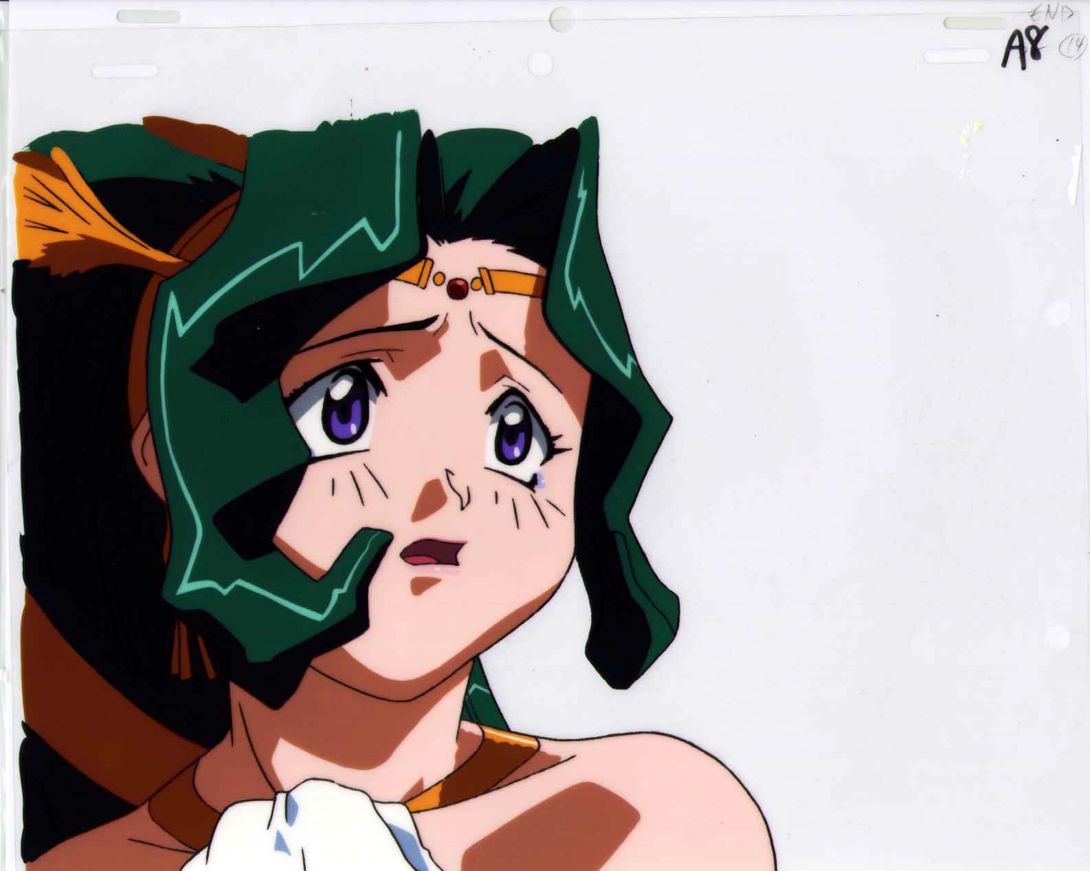 lashara moon, photon, artist request, highres, tagme, 1990s (style), 1girl, cel, female focus, green hair, purple eyes, retro artstyle, solo
