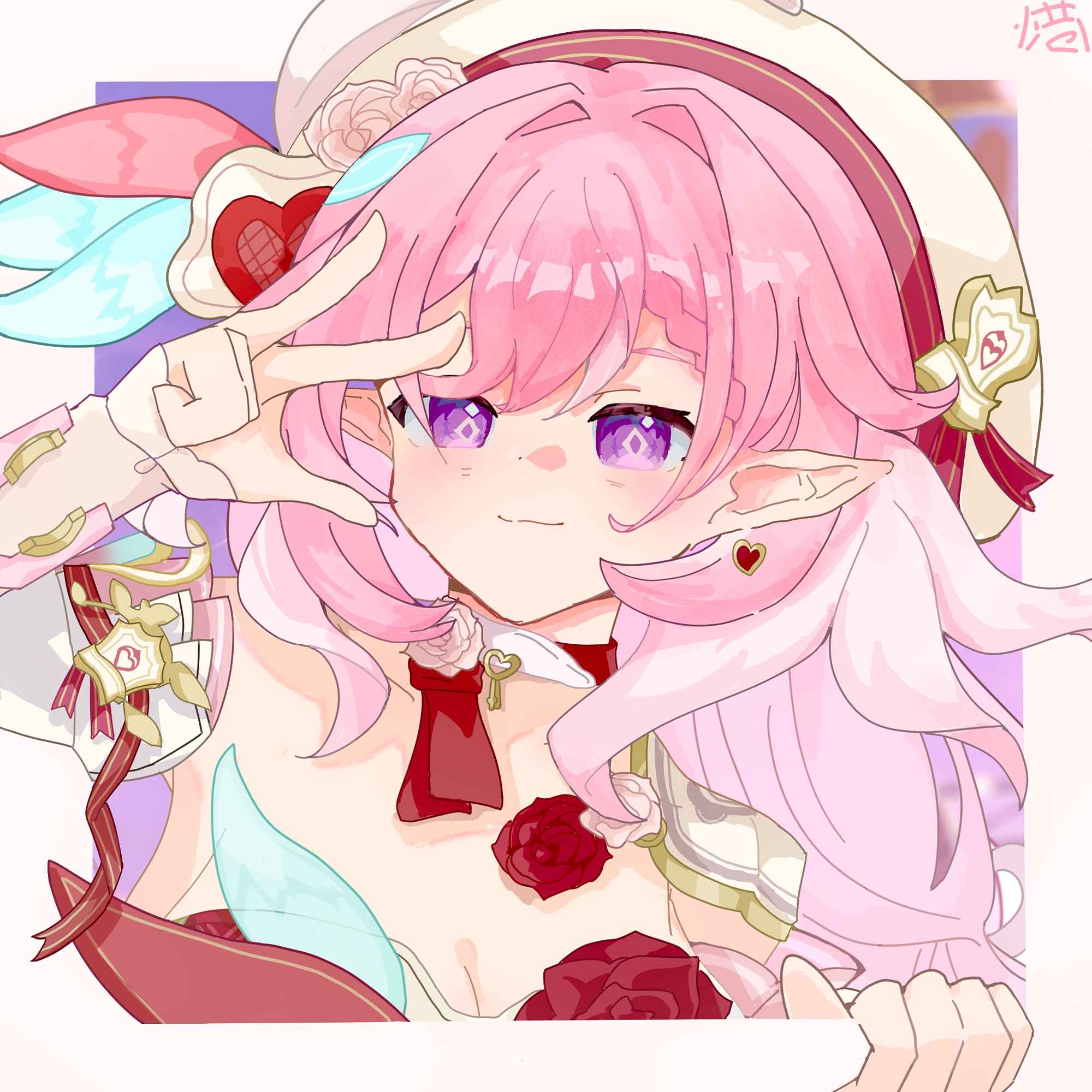 elysia (honkai impact), honkai (series), honkai impact 3rd, chinese commentary, commentary request, highres, 1girl, border, breasts, cleavage, diamond-shaped pupils, diamond (shape), hat, large breasts, long hair, multicolored hair, outside border, pink hair, pointy ears, purple eyes, smile, solo, symbol-shaped pupils, two-tone hair, upper body, very long hair, white border, white hair, white hat, wuhei de xiao xiang