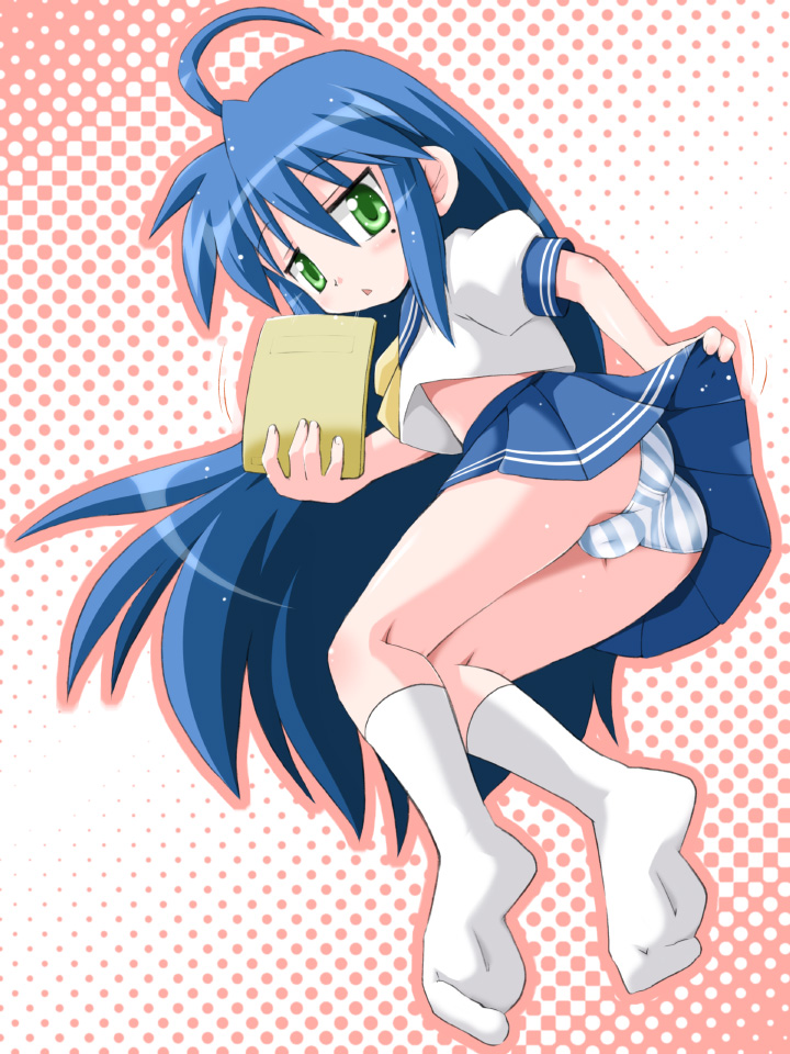 hino hino, izumi konata, lucky star, 00s, 1girl, ahoge, ass, blue hair, cameltoe, fat mons, feet, female focus, green eyes, loli, mole, mole under eye, panties, pantyshot, school uniform, serafuku, skirt, socks, solo, striped clothes, striped panties, underwear, upskirt