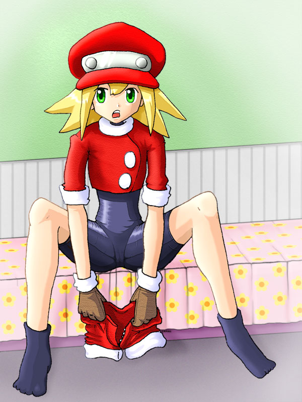 roll caskett (mega man), capcom, mega man (series), mega man legends (series), 1girl, female focus, full body, indoors, shorts, sitting, socks, solo, spandex, spread legs