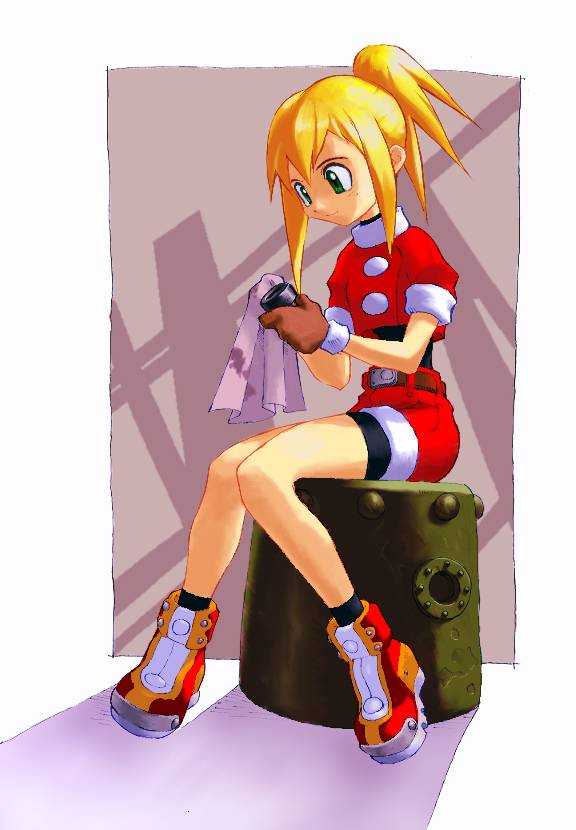 roll caskett (mega man), capcom, mega man (series), mega man legends (series), artist request, 1girl, belt, blonde hair, boots, brown belt, brown gloves, cleaning, female focus, full body, gloves, green eyes, long hair, ponytail, red boots, red shirt, red shorts, shirt, short sleeves, shorts, sitting, smile, solo