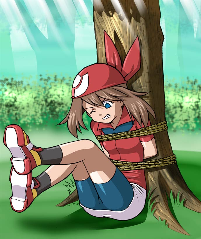 daikinbakuju, may (pokemon), nintendo, pokemon, 1girl, ;o, arms behind back, ass, bandana, bdsm, black socks, blue eyes, bondage, bound, brown hair, clenched teeth, female focus, full body, grass, one eye closed, outdoors, plant, red shirt, rope, shirt, shoes, sitting, skirt, socks, solo, spandex, teeth, tied to tree, tree, white skirt, wince