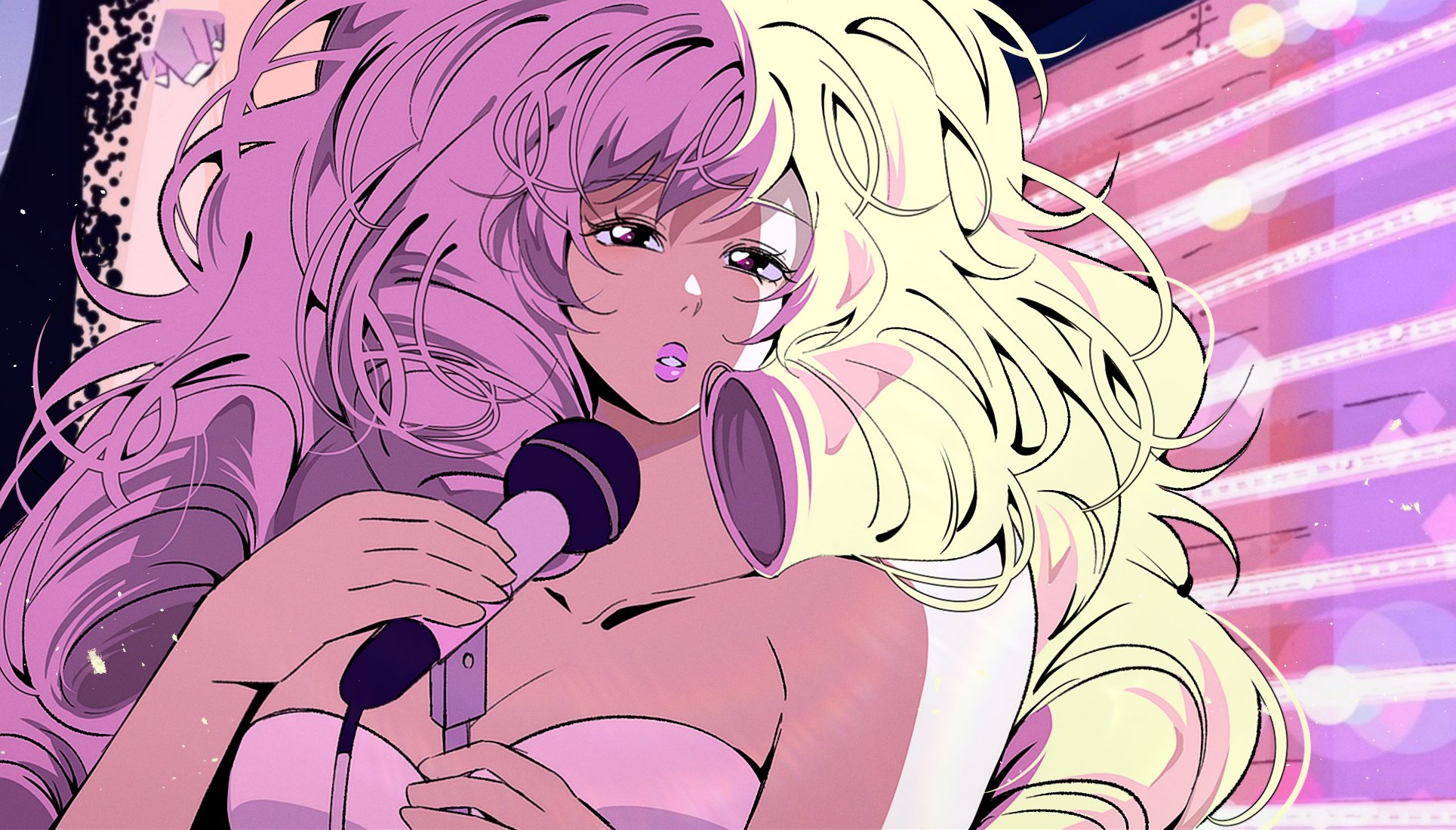 yp katelove, rose quartz universe, steven universe, commentary, english commentary, highres, 1girl, breasts, cleavage, collarbone, dress, drill hair, hands up, holding, holding microphone stand, long hair, microphone, microphone stand, pink lips, red eyes, solo, strapless, strapless dress, upper body, white dress