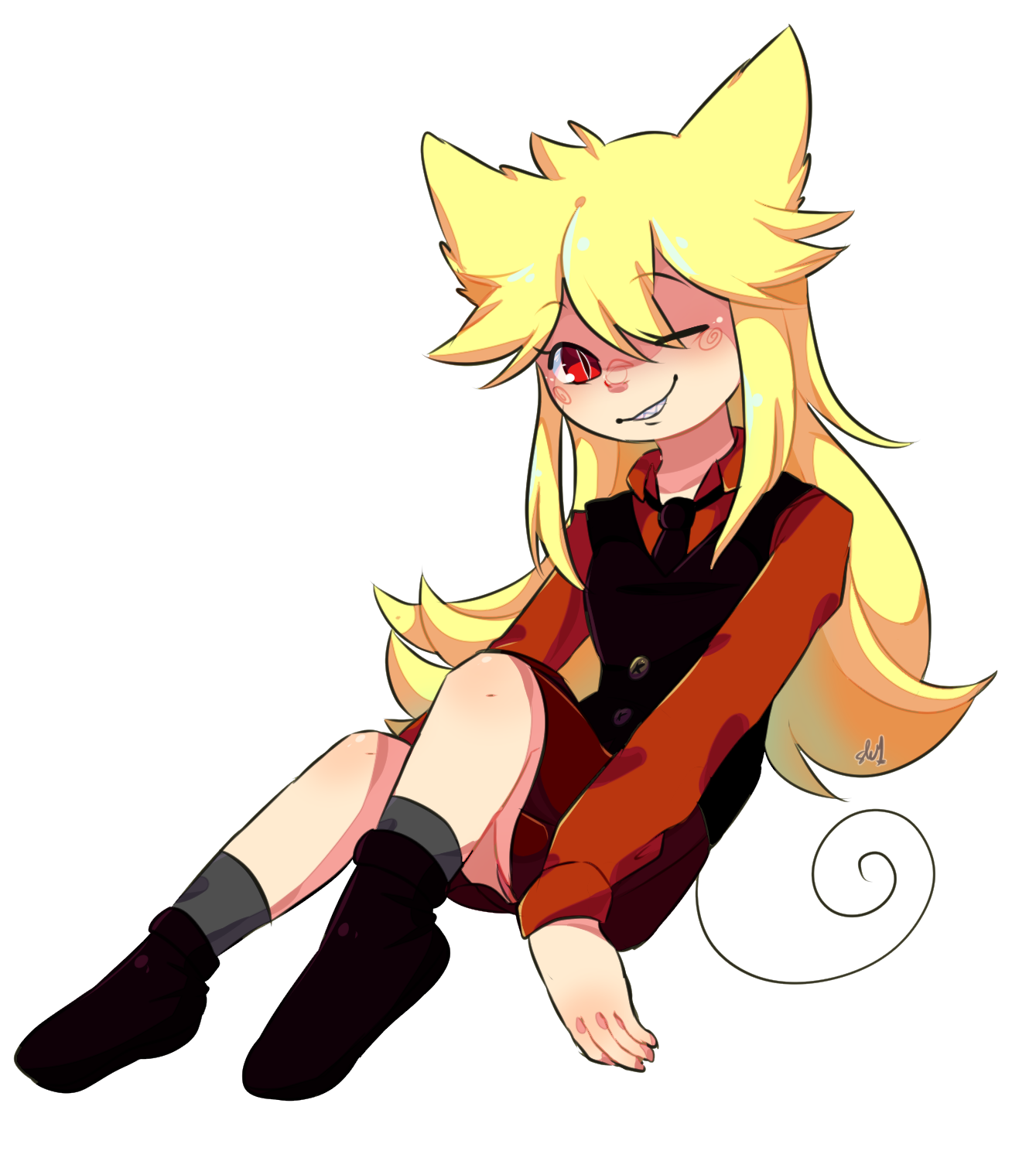 moge-ko, funamusea, mogeko castle, highres, 1girl, animal ears, blonde hair, dark–drawz, full body, looking at viewer, necktie, one eye closed, shirt, simple background, sitting, skirt, smile, solo, tail, vest, white background