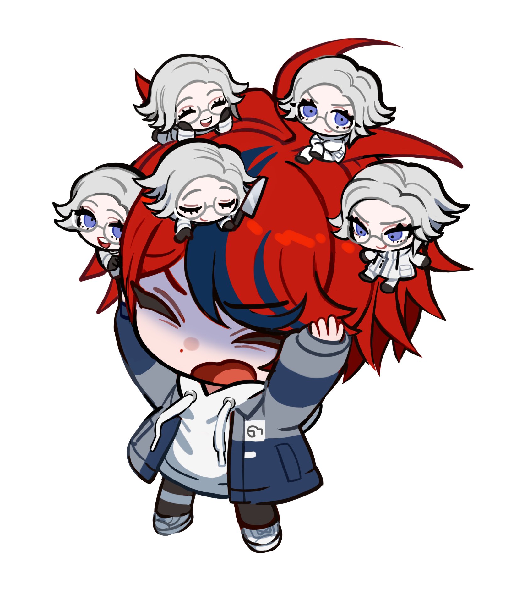 fug uai, aotsuki eito, sumino takumi, the hundred line -last defense academy-, highres, 6+boys, :d, ^ ^, ahoge, black gloves, black pants, black streaks, chibi, chibi on head, chibi only, clone, closed eyes, closed mouth, evil smile, glasses, gloves, grey hair, grey jacket, headache, holding, holding knife, hood, hoodie, jacket, knife, looking at viewer, male focus, multicolored hair, multiple boys, on head, open clothes, open jacket, open mouth, pants, purple eyes, red hair, shoes, short hair, simple background, smile, smirk, streaked hair, white hoodie, white jacket, white shoes