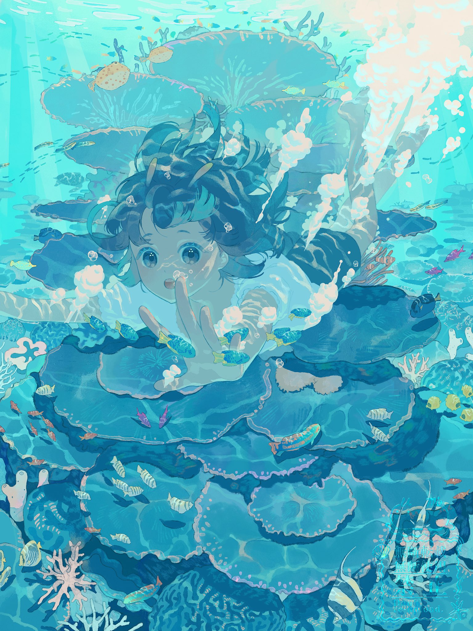 umi (umi04787030), original, commentary, english commentary, highres, 1girl, air bubble, aqua theme, barefoot, black shorts, blue hair, bubble, caustics, coral, fish, floating hair, grey eyes, looking ahead, medium hair, open mouth, outstretched arms, shirt, shorts, solo, swimming, teeth, too many, too many fish, underwater, upper teeth only, watermark, white shirt