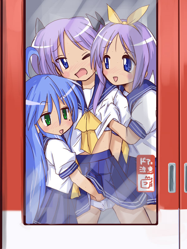 kanakana, hiiragi kagami, hiiragi tsukasa, izumi konata, lucky star, 00s, 3girls, blue sailor collar, blush, breasts, chijo, chikan, fff threesome, fingering, grabbing another's breast, groping, group sex, hand in panties, hand under clothes, hand under shirt, incest, kodomo doushi, loli, mole, mole under eye, molestation, multiple girls, one eye closed, open mouth, panties, public indecency, sailor collar, school uniform, serafuku, shirt, siblings, sisters, skirt, small breasts, threesome, train, train interior, twincest, twins, underwear, wink, yuri