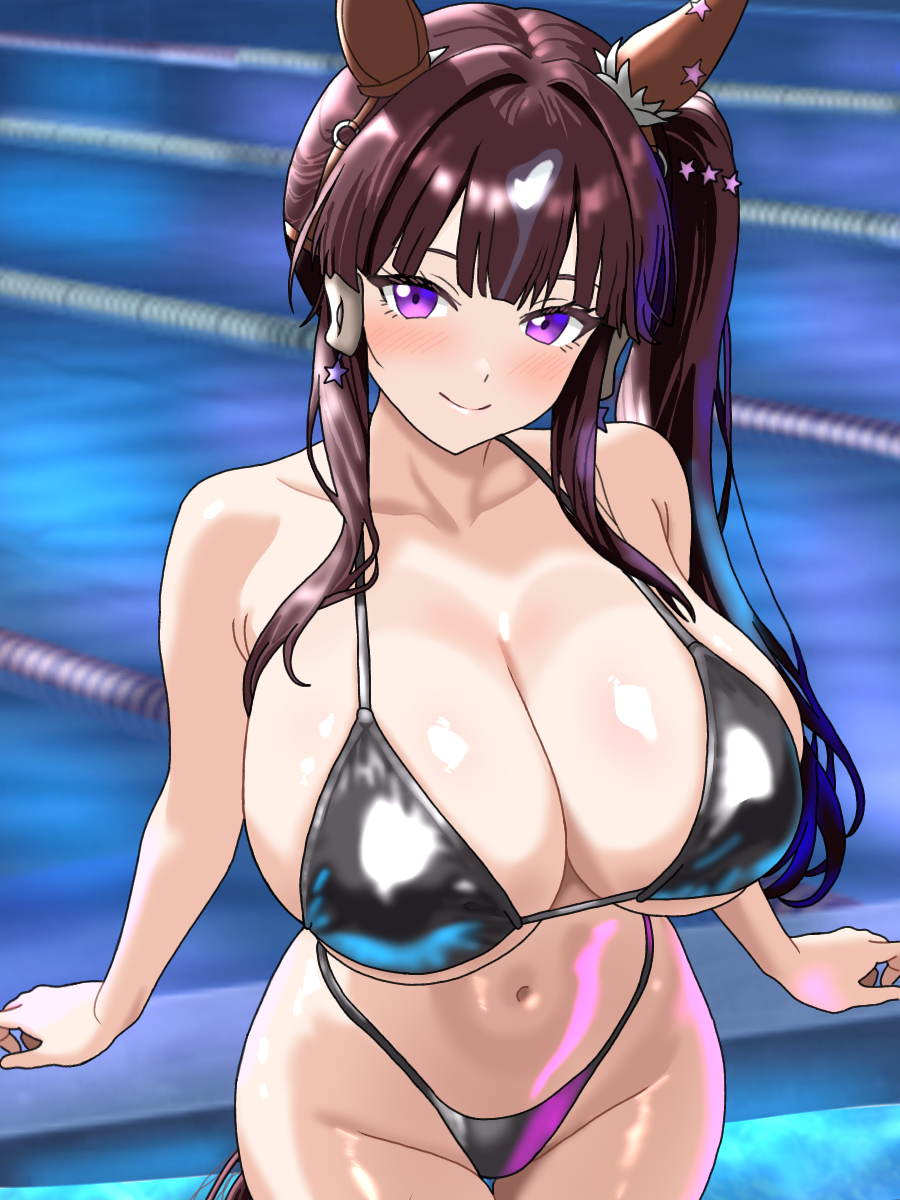 haiwo, lucky lilac (umamusume), umamusume, commentary request, highres, 1girl, against railing, alternate costume, animal ears, bikini, black bikini, breasts, brown hair, cowboy shot, ear covers, ear ornament, horse ears, horse girl, horse tail, large breasts, long hair, multicolored hair, navel, purple eyes, railing, smile, solo, stomach, streaked hair, swimsuit, tail, tracen swimsuit, very long hair, white hair