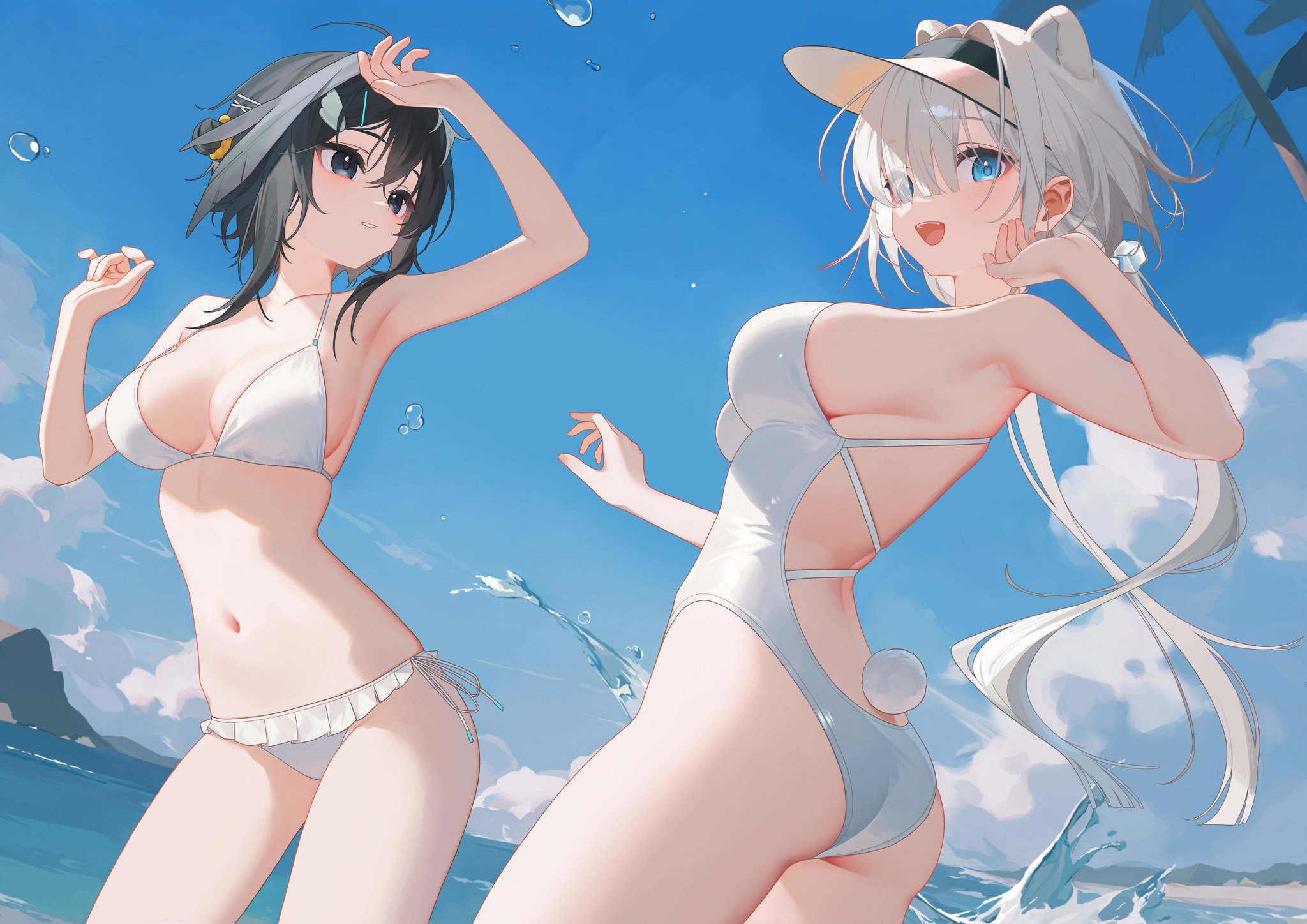 kasasasagi, aurora (arknights), la pluma (arknights), arknights, highres, official art, second-party source, :d, ahoge, alternate costume, animal ears, ass, backless outfit, bear ears, bear girl, bear tail, bikini, bird girl, black eyes, black hair, blue sky, blunt bangs, cloud, cowboy shot, crossed bangs, double-parted bangs, dutch angle, feather hair, frilled bikini, frills, hair between eyes, hair bun, hair intakes, hair ornament, hair over one eye, hairclip, hand up, highleg, highleg one-piece swimsuit, long bangs, long hair, long sidelocks, looking at viewer, looking back, low twintails, mismatched bikini, mountainous horizon, ocean, one-piece swimsuit, open mouth, outdoors, parted lips, side-tie bikini bottom, sidelocks, single side bun, sky, smile, swimsuit, tail, twintails, water, water drop, white bikini, white hair, white one-piece swimsuit, white tail, wing hair ornament, x hair ornament