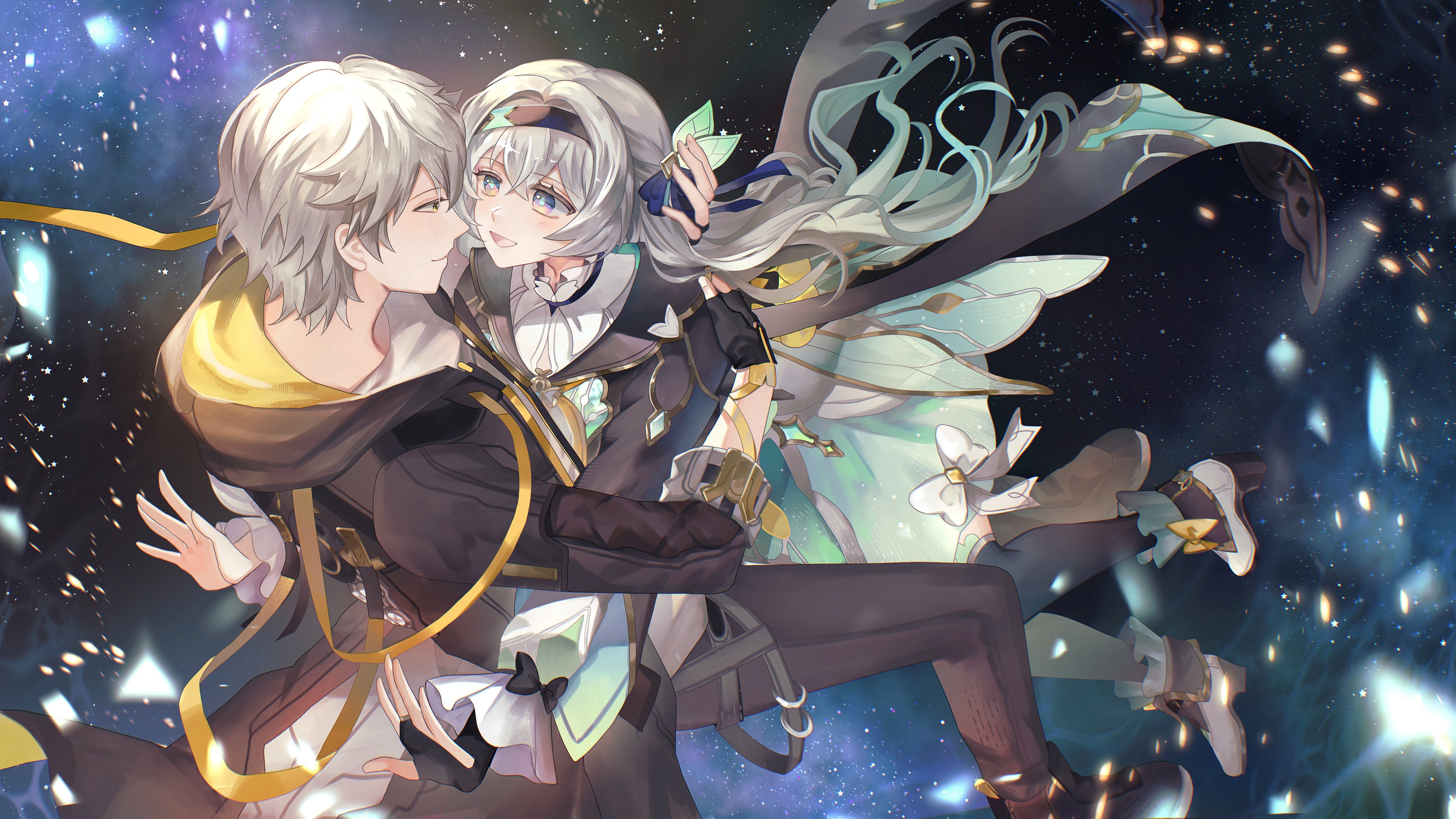 caelus (honkai: star rail), firefly (honkai: star rail), trailblazer (honkai: star rail), honkai: star rail, honkai (series), absurdres, commission, highres, second-party source, 1boy, 1girl, aqua skirt, black coat, black gloves, black hairband, black jacket, black shoes, blue eyes, coat, cropped jacket, fingerless gloves, gloves, gradient eyes, grey hair, hairband, hood, hood down, hooded coat, jacket, long hair, looking at another, mothila art, multicolored eyes, pink eyes, shirt, shoes, short hair, skirt, smile, space, white shirt, white shoes, yellow eyes