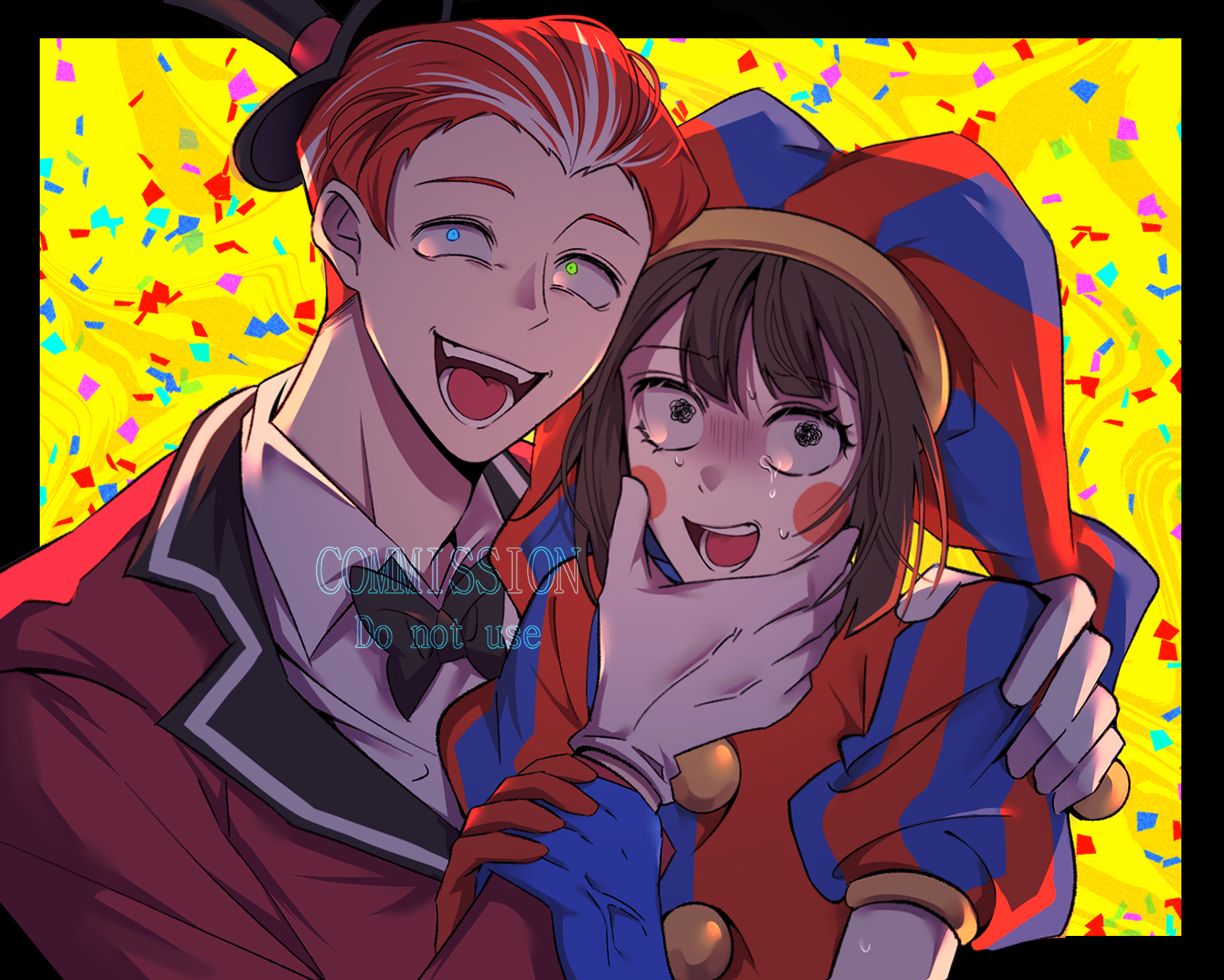 yp katelove, caine (the amazing digital circus), pomni (the amazing digital circus), the amazing digital circus, commission, highres, korean commentary, 1boy, 1girl, black border, black hat, blue eyes, blue gloves, border, brown hair, circle facial mark, collared shirt, confetti, crazy eyes, gloves, hand on another's face, hand on another's shoulder, hat, heterochromia, holding another's wrist, humanization, jacket, jester cap, multicolored hair, outside border, puffy short sleeves, puffy sleeves, red gloves, red hair, red jacket, shirt, short hair, short sleeves, smile, squiggle eyes, streaked hair, sweat, tearing up, teeth, top hat, two-tone hat, white gloves, white shirt, yellow eyes