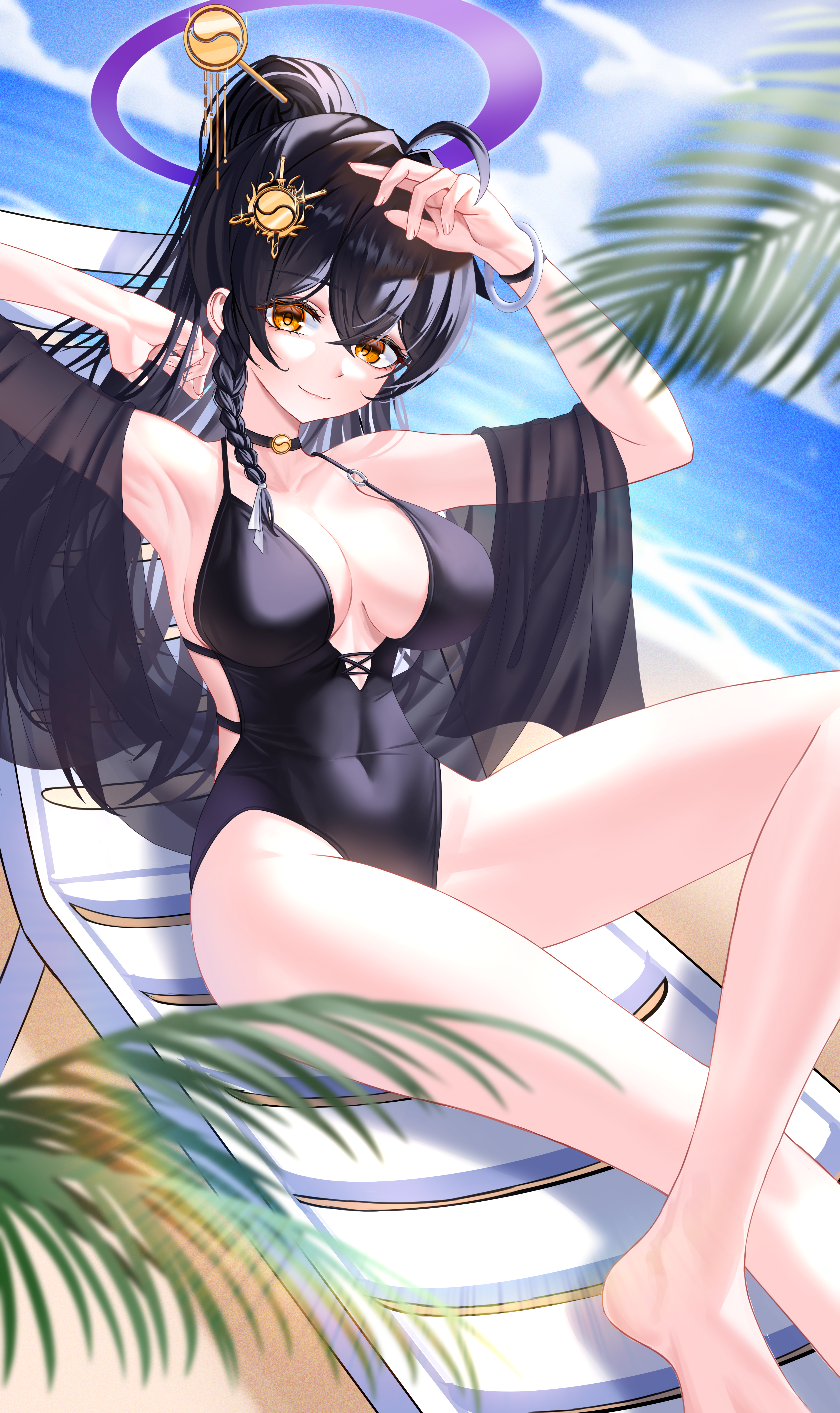 kuca (ku ca18), original, absurdres, commission, highres, second-party source, 1girl, ahoge, armpits, arms up, bare shoulders, barefoot, beach, beach chair, black choker, black hair, black one-piece swimsuit, braid, breasts, choker, cleavage, closed mouth, covered navel, day, hair ornament, hairpin, halterneck, large breasts, long hair, looking at viewer, lying, o-ring, o-ring swimsuit, on back, one-piece swimsuit, orange eyes, outdoors, ponytail, reclining, shawl, smile, solo, spaghetti strap, strap gap, swimsuit, thighs, very long hair