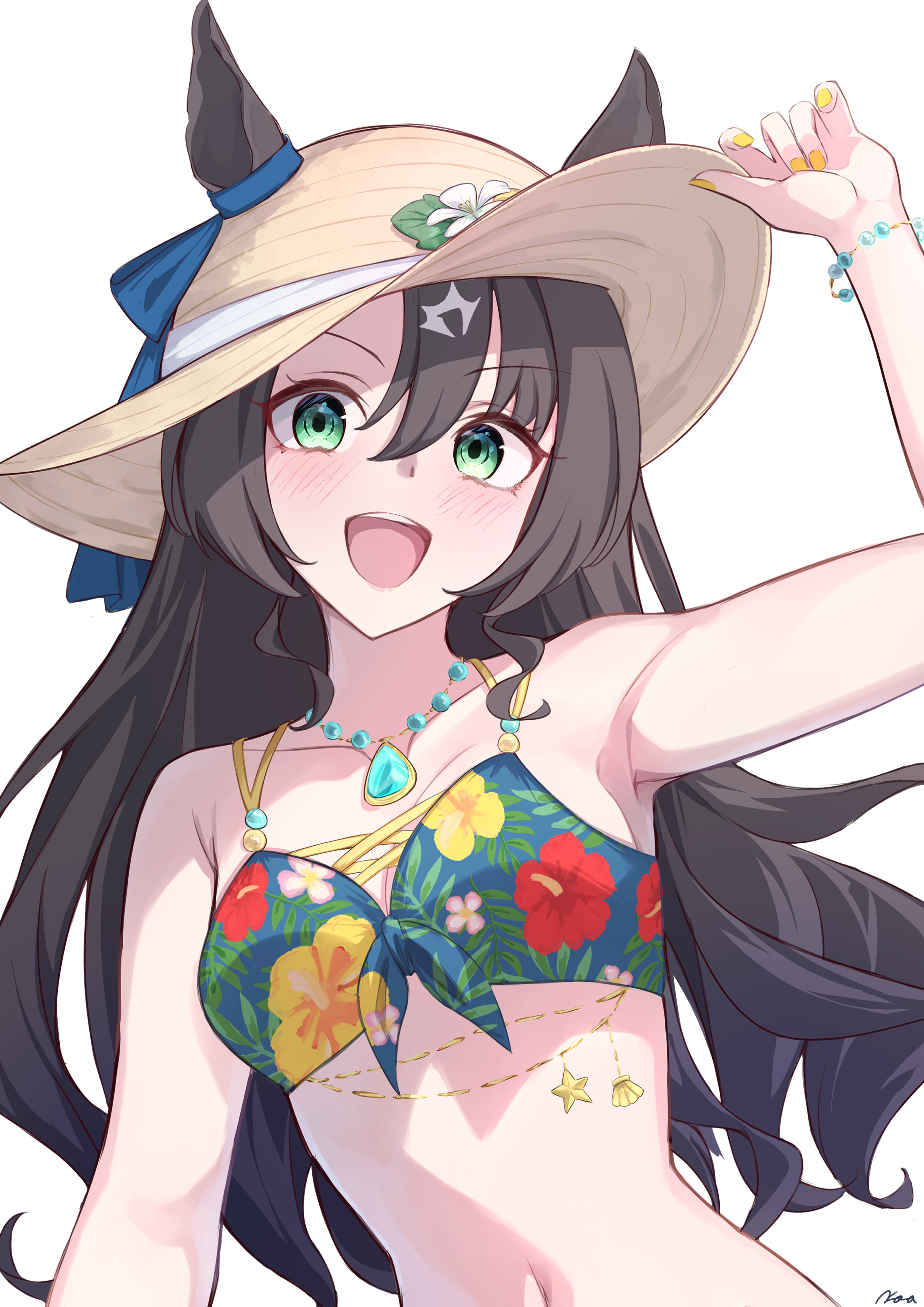 noa 82g, satono crown (sunny island splendor) (umamusume), satono crown (umamusume), umamusume, absurdres, commentary request, highres, 1girl, arm up, armpits, black hair, breasts, green eyes, hat, horse girl, jewelry, long hair, looking at viewer, necklace, ribbon, straw hat, sun hat, swimsuit