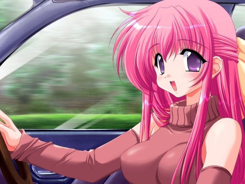 artist request, character request, copyright request, tagme, 1girl, breasts, car, detached sleeves, female focus, large breasts, motor vehicle, pink hair, purple eyes, solo