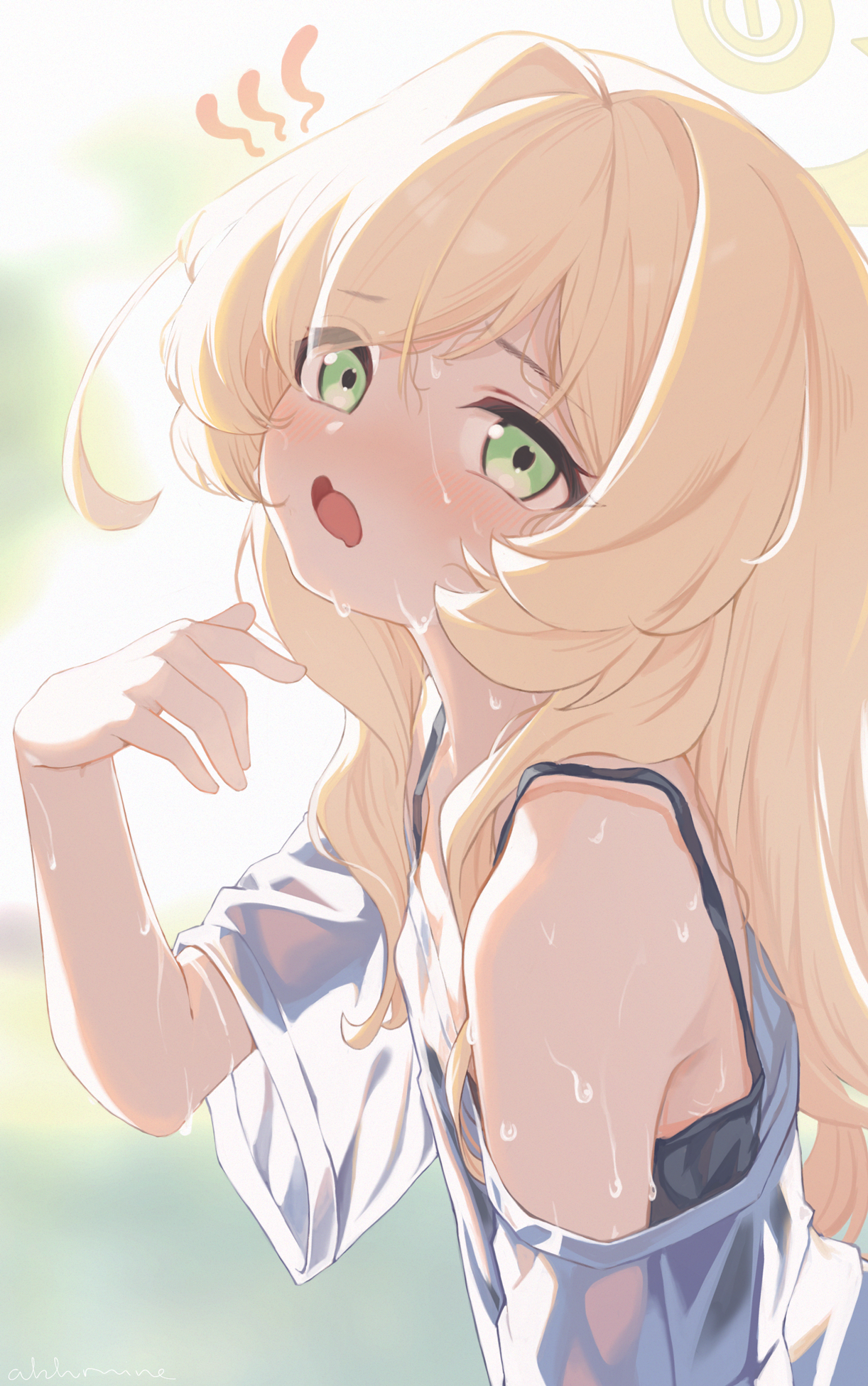 anocco, professor niyaniya (blue archive), blue archive, commentary request, highres, 1girl, bare shoulders, blonde hair, blurry, blurry background, blush, green eyes, hand up, hot, long hair, looking at viewer, open mouth, shirt, short sleeves, solo, sweat, upper body, wet, wet clothes, wet shirt, white shirt, wide sleeves