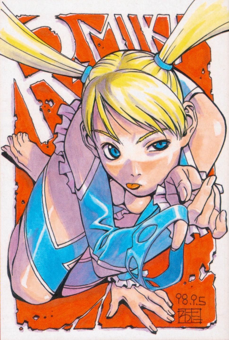 rainbow mika, capcom, street fighter, street fighter zero (series), framed, artist request, highres, 1990s (style), 1girl, accessory tan, blonde hair, blue eyes, dated, feet, female focus, frills, leotard, looking up, mask, no mask, outside border, retro artstyle, solo, spandex, tan, tanline, tanlines, tongue, twintails, uneven eyes, unworn mask, wrestler