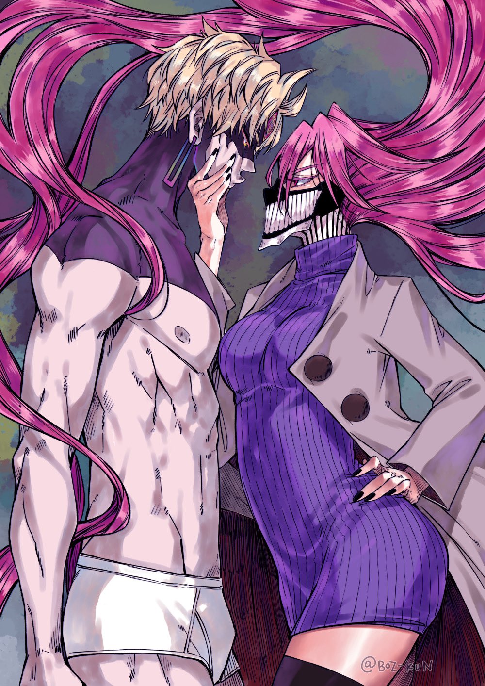 rusky, acrobatic silky (dandadan), enjoji jin, evil eye (dandadan), shiratori aira (dandadan), dandadan, commentary, english commentary, highres, 1boy, 1girl, black nails, blonde hair, blue sweater, breasts, coat, cowboy shot, dress, earrings, eye contact, floating hair, from side, hand on another's cheek, hand on another's face, hand on own hip, jewelry, long hair, looking at another, male underwear, mask, medium breasts, mouth mask, open clothes, open coat, pectorals, pink hair, possessed, profile, puckered lips, ribbed sweater, short hair, sweater, sweater dress, toned, toned male, topless male, transformation, turtleneck, turtleneck sweater, twitter username, underwear, very long hair, white male underwear