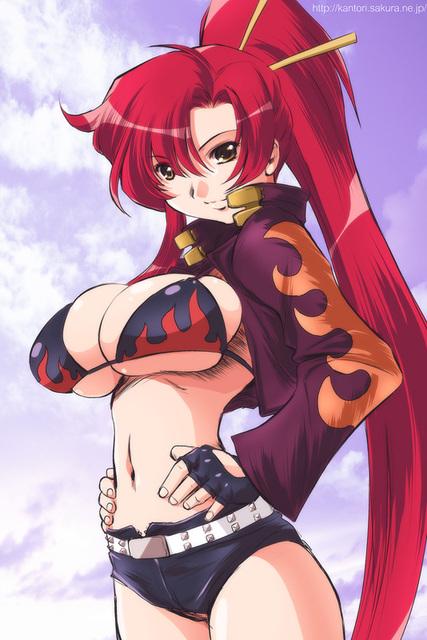 kantori, yoko littner, tengen toppa gurren lagann, 00s, 1girl, belt, bikini, bikini top only, black bikini, breasts, cleavage, female focus, fingerless gloves, gloves, huge breasts, red hair, short shorts, shorts, solo, studded belt, swimsuit, yellow eyes