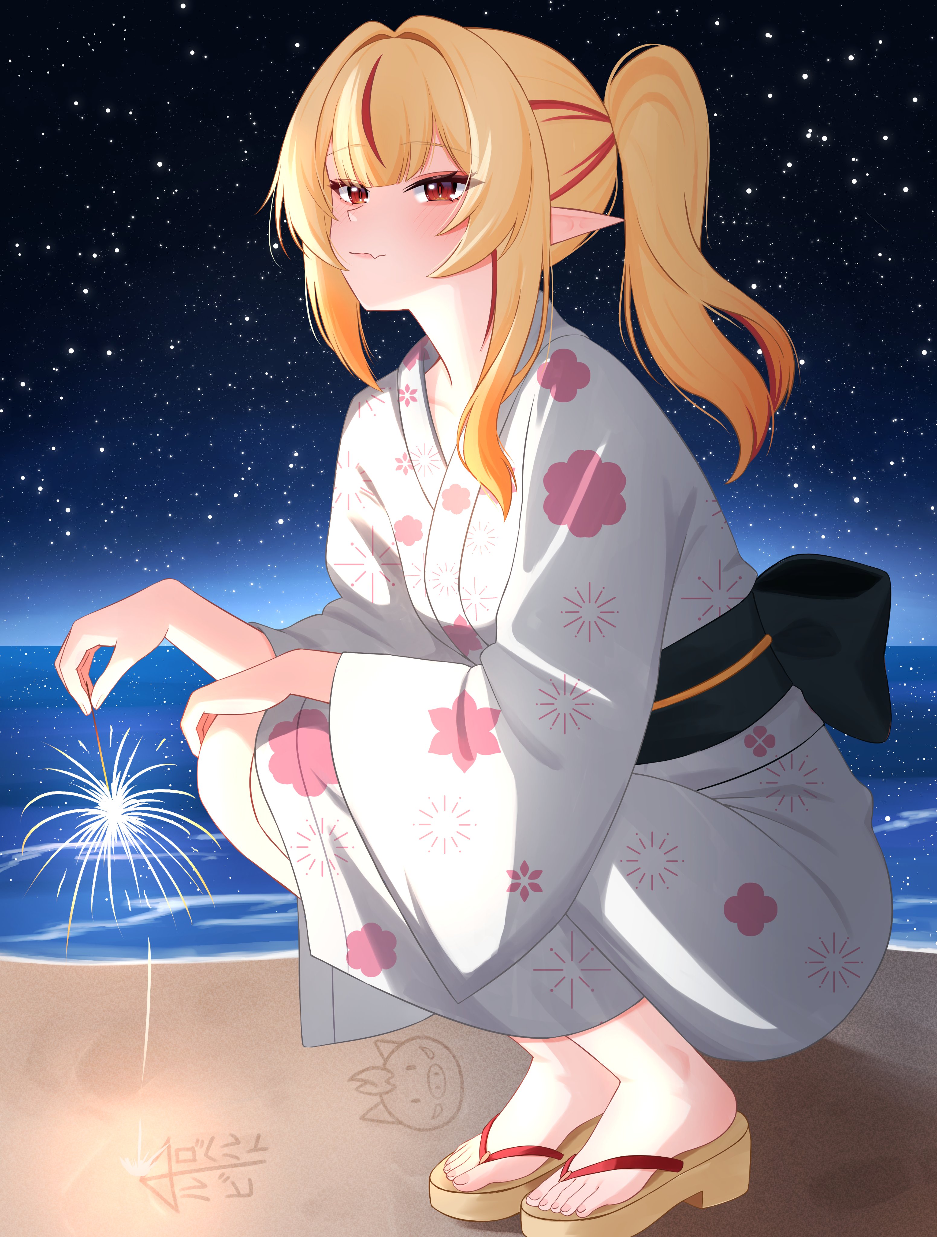 dsuzu, ruby runeheart, chromashift, absurdres, highres, beach, blonde hair, closed mouth, eyelashes, fang, feet, fireworks, full body, holding, holding fireworks, japanese clothes, kimono, long hair, looking at viewer, multicolored hair, night, night sky, obi, obijime, outdoors, pointy ears, ponytail, print kimono, red eyes, red hair, sandals, sash, sidelocks, skin fang, sky, sparkler, squatting, star (sky), starry sky, streaked hair, toenails, toes, virtual youtuber, white kimono, wide sleeves, yukata