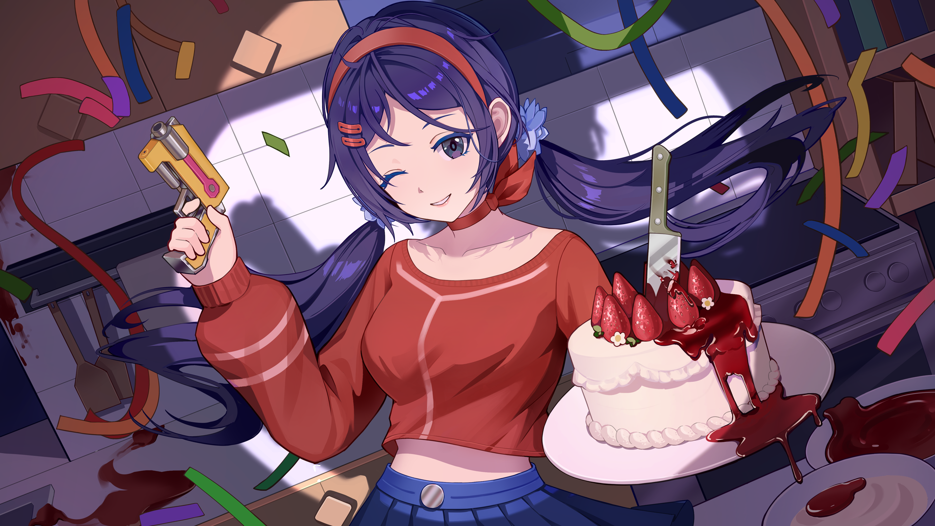crazy mita (miside), mita (miside), miside, artist request, highres, official art, 1girl, blue eyes, blue hair, blue skirt, breasts, choker, claw hair clip, confetti, flower hairtie, hair ornament, hairband, hairclip, knife, long hair, long sleeves, looking at viewer, low twintails, one eye closed, red choker, red hairband, red shirt, red thighhighs, shirt, skirt, smile, solo, thighhighs, twintails