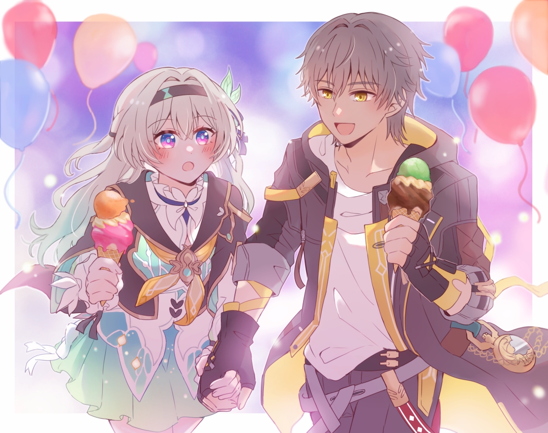 nekozawa, caelus (honkai: star rail), firefly (honkai: star rail), trailblazer (honkai: star rail), honkai: star rail, honkai (series), 1boy, 1girl, aqua skirt, balloon, black coat, black gloves, black hairband, black jacket, black pants, blue eyes, coat, cropped jacket, fingerless gloves, food, gloves, gradient eyes, grey hair, hairband, holding, holding hands, holding ice cream cone, hood, hood down, hooded coat, ice cream, ice cream cone, jacket, long hair, multicolored eyes, open mouth, pants, pink eyes, shirt, short hair, skirt, white shirt, yellow eyes