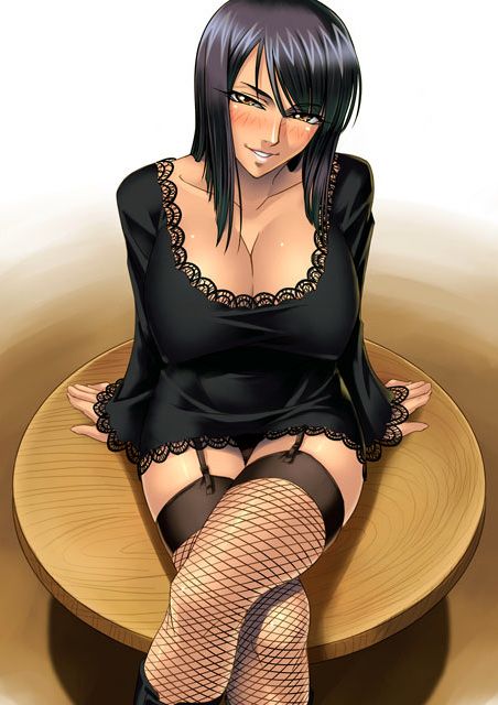 kagami, nico robin, one piece, black hair, blush, breasts, cleavage, huge breasts, large breasts, naughty face, open mouth, short hair, smile