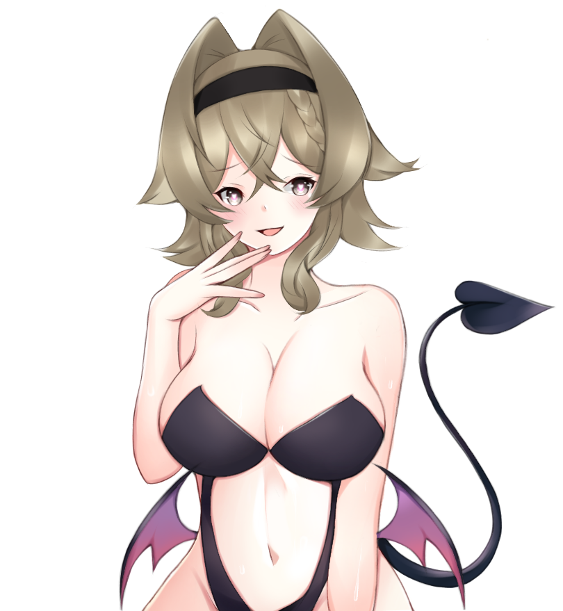 xhiro, vill-v, honkai (series), honkai impact 3rd, commentary, commentary request, english commentary, mixed-language commentary, 1girl, black hat, breasts, brown hair, cleavage, collarbone, demon costume, demon tail, demon wings, fake tail, fake wings, hair intakes, hat, large breasts, looking at viewer, navel, short hair, simple background, solo, stomach, tail, white background, wings
