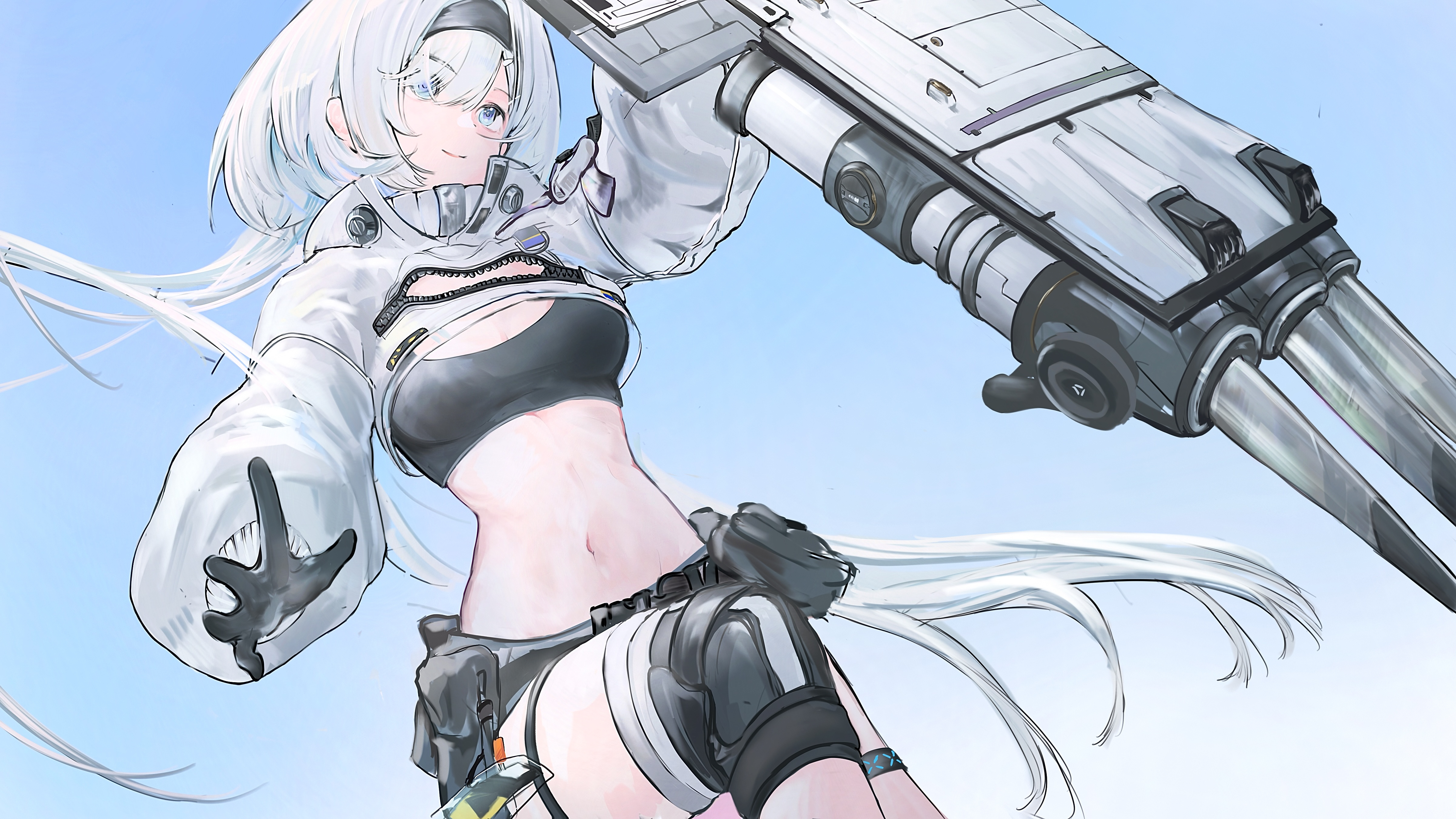 aaaaaash, aurora (arknights), aurora (elite ii) (arknights), arknights, absurdres, chinese commentary, commentary request, highres, 1girl, black gloves, black hairband, black sports bra, blue background, blue eyes, breasts, closed mouth, gloves, grey shorts, hair over one eye, hairband, hand up, holding, holding shield, knee up, large breasts, long hair, long sleeves, midriff, navel, pouch, puffy long sleeves, puffy sleeves, shield, short shorts, shorts, shrug (clothing), smile, solo, sports bra, thigh strap, very long hair, white hair, white shrug