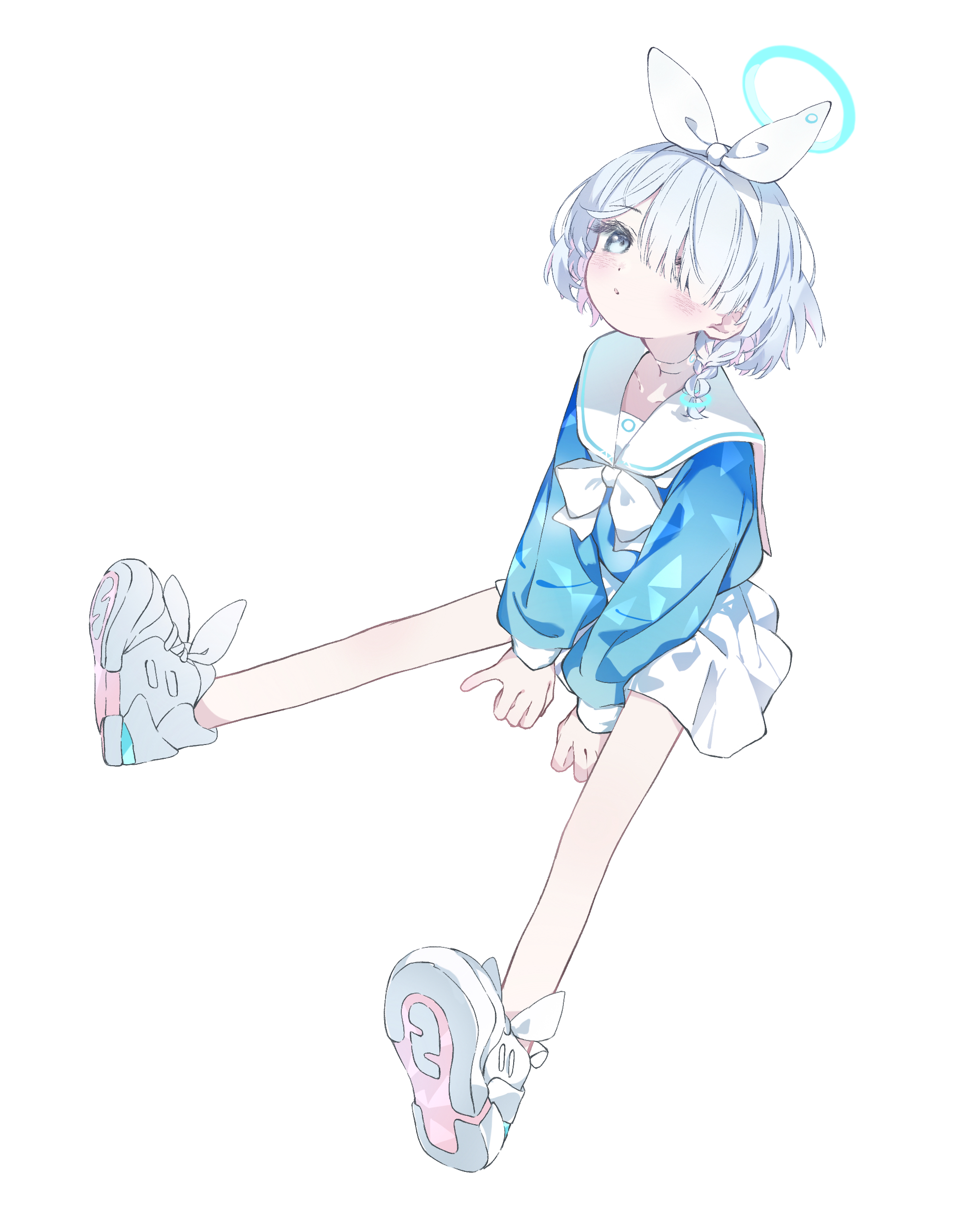 cram960, arona (blue archive), blue archive, absurdres, highres, 1girl, arm support, blue eyes, blue hair, blue halo, blue shirt, blush, bow, bowtie, braid, choker, closed mouth, collarbone, colored inner hair, cropped shirt, full body, hair bow, hair over one eye, hairband, halo, head tilt, long sleeves, looking at viewer, multicolored hair, no socks, pink hair, pleated skirt, puffy long sleeves, puffy sleeves, sailor collar, school uniform, serafuku, shirt, shoes, short hair, simple background, single braid, sitting, skirt, sneakers, solo, traditional halo, two-tone hair, white background, white bow, white choker, white hairband, white sailor collar, white shoes, white skirt