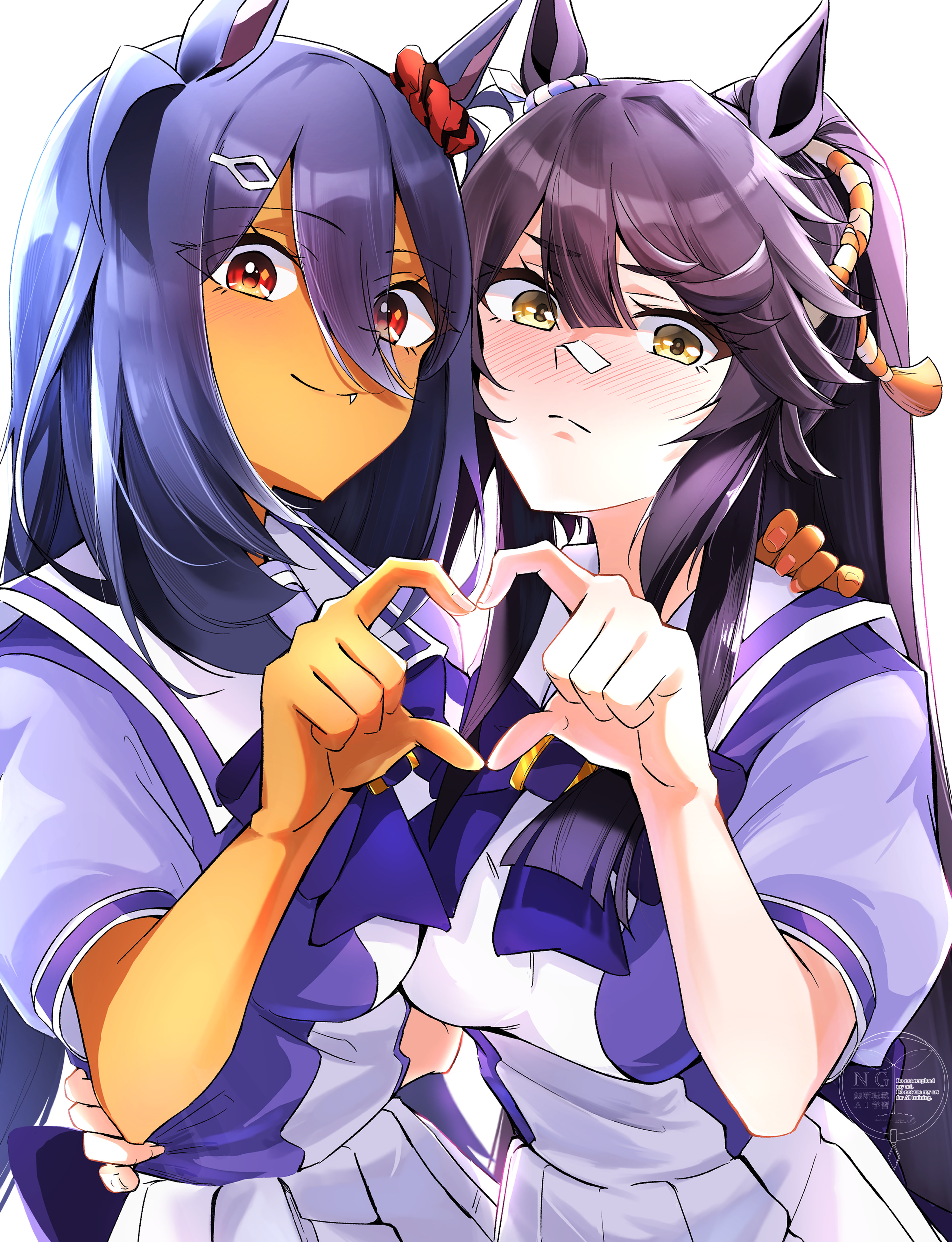 naegi happy, hishi amazon (umamusume), narita brian (umamusume), umamusume, absurdres, commentary request, highres, 2girls, animal ears, black hair, blush, bow, breasts, brown hair, cowboy shot, dark-skinned female, dark skin, ear ornament, fang, hair between eyes, hair ornament, hairclip, hand on another's shoulder, heart, heart hands, heart hands duo, horse ears, horse girl, horse tail, long hair, medium breasts, multicolored hair, multiple girls, pleated skirt, ponytail, purple bow, purple shirt, red eyes, rope, sailor collar, school uniform, shimenawa, shirt, simple background, skirt, streaked hair, tail, tracen school uniform, very long hair, white background, white hair, white skirt, yellow eyes