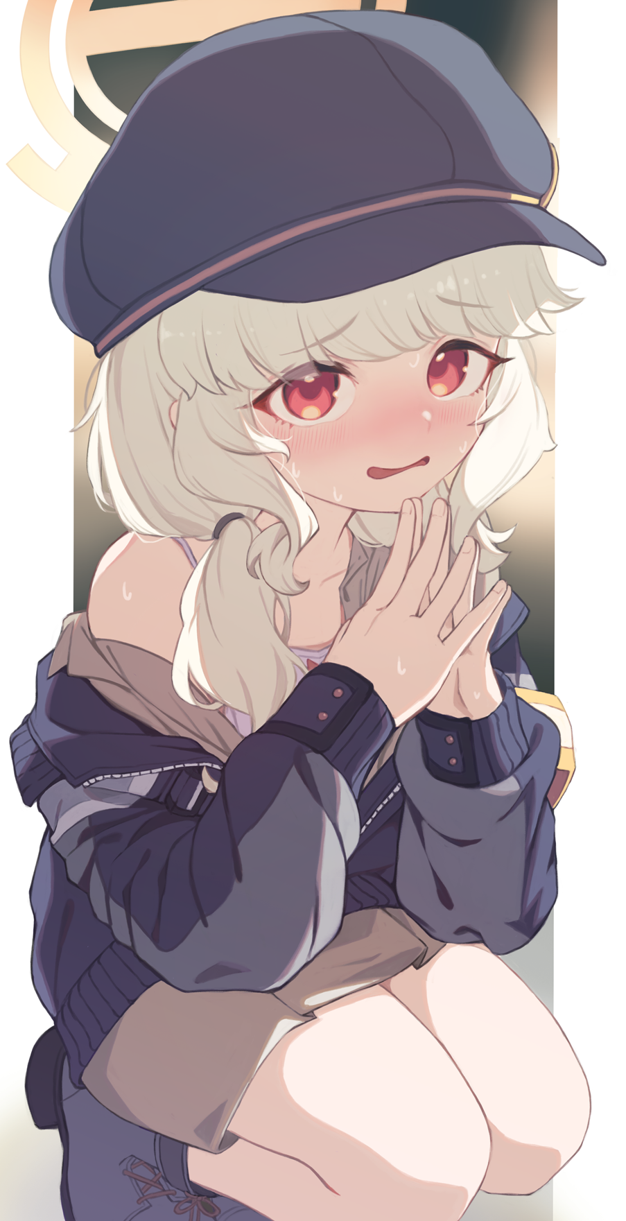 anocco, aoba (blue archive), blue archive, commentary, highres, 1girl, armband, blonde hair, blue hat, blue jacket, blurry, blurry background, blush, brown skirt, camisole, halo, hat, jacket, jacket partially removed, kneeling, long hair, long sleeves, looking at viewer, low twintails, newsboy cap, off shoulder, open clothes, open jacket, open mouth, orange halo, pleated skirt, red eyes, skirt, solo, steepled fingers, sweat, twintails, white background, white camisole, yellow armband, yellow halo