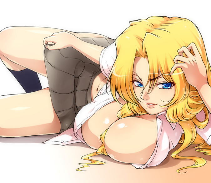 hairu, matsumoto rangiku, bleach, 00s, 1girl, blonde hair, blue eyes, breasts, cleavage, gradient background, huge breasts, long hair, lying, midriff, school uniform, skirt, solo
